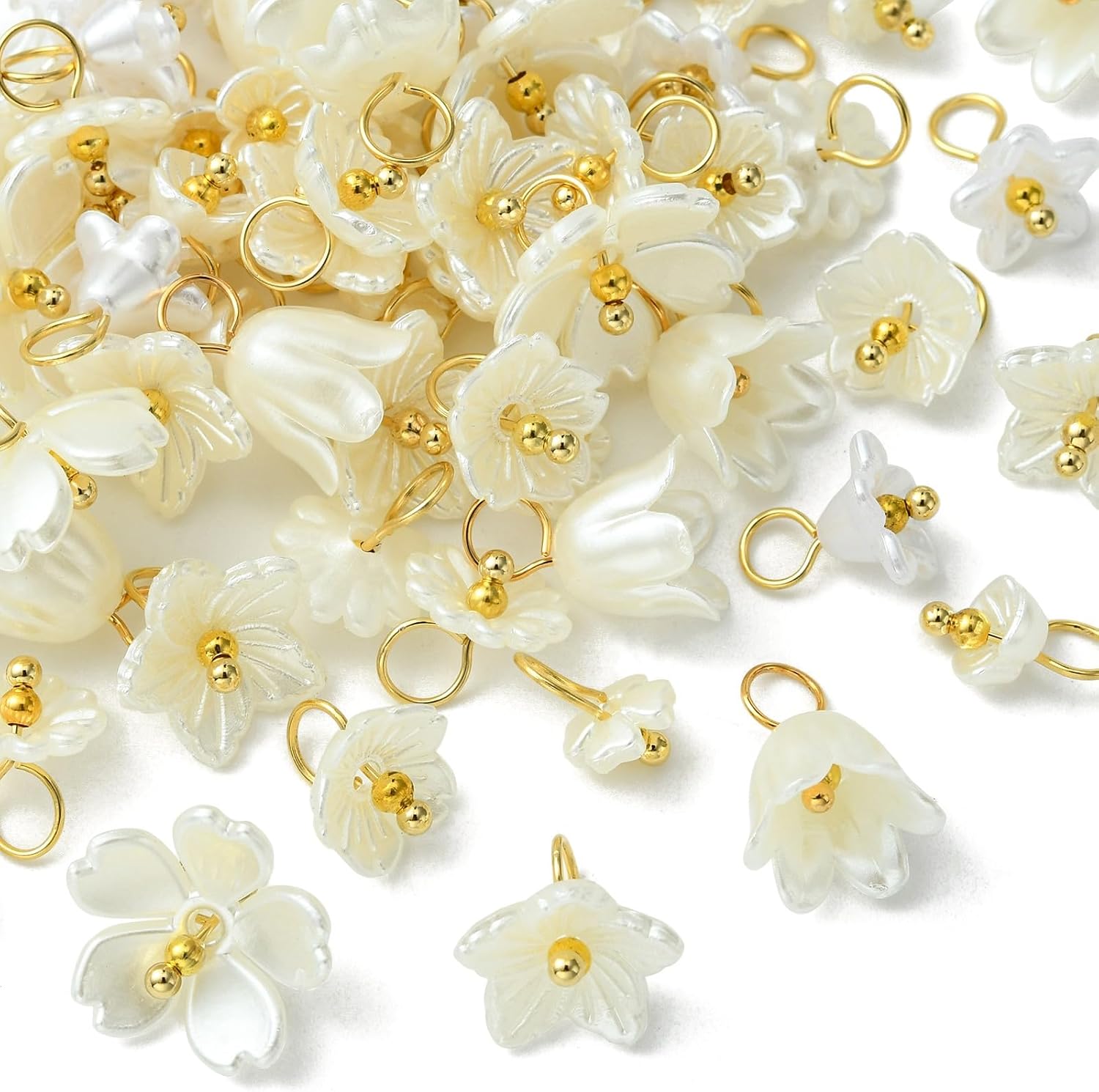 Ipotkitt 80 Pcs 8 Styles White ABS Plastic Flower Charms Imitation Pearl Spring Floral Charms for Jewelry Making Crafts Decor
