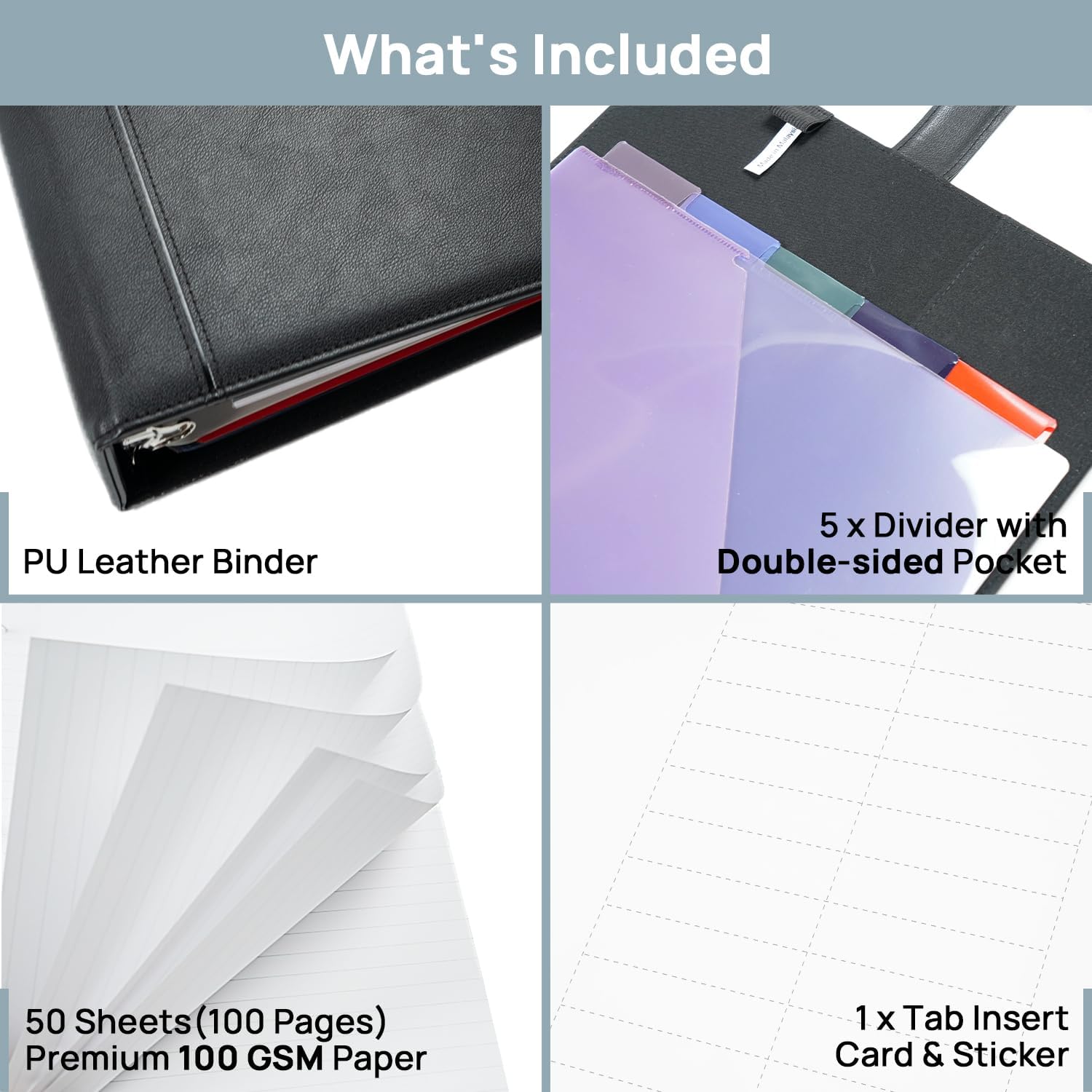 POPRUN PU Leather 2 Inch 3 Ring Binder, Professional Business Organizer- Includes PP Dividers, 100GSM / Grade AA Filler Papers, Card &Sticker for Tab- Ideal for Office Presentation Meetings, Black