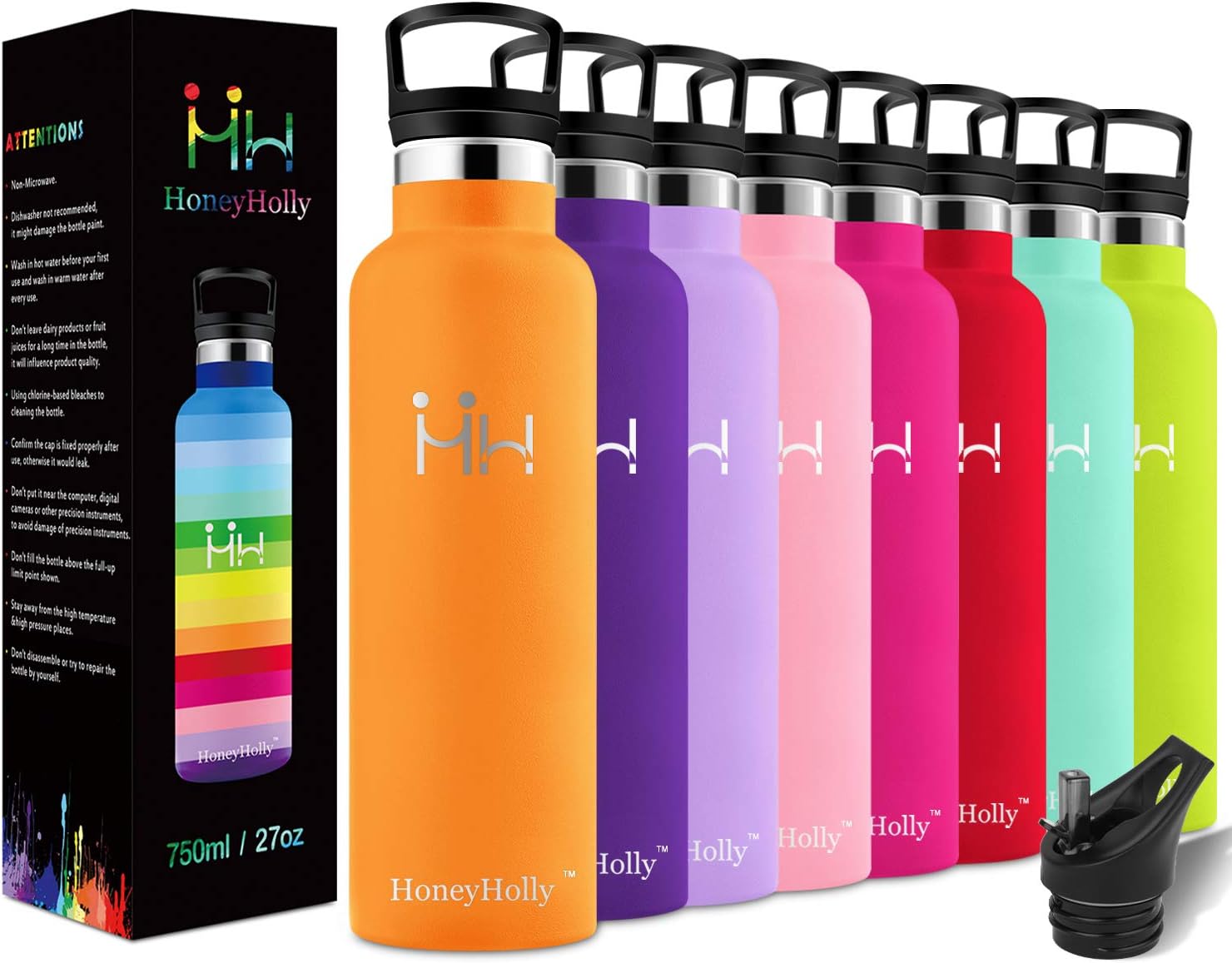 Honeyholly 水筒 ステンレスボトル 魔法瓶 真空断熱 直飲み 保温保冷 男女兼用 子供用 350mlamp 500mlamp 600mlamp 750ml大容量 ウォーターボトル スポーツボトル アウトドアボトル おしゃれ かわいい 軽い コップ 釣り 登山 自転車 遠足