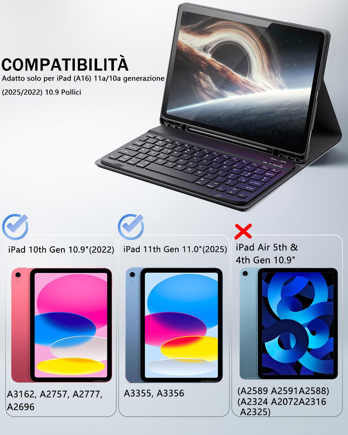 MicroTunk Per iPad A16 11/10 Generazioner Cover con Italiano Tastiera (QWERTY) - 10.9/11 Pollici iPad 10a 2022 / 11a 2025 Keyboard Bluetooth Mouse Coperchio Protettivo con Scanalatura Portapenna Case