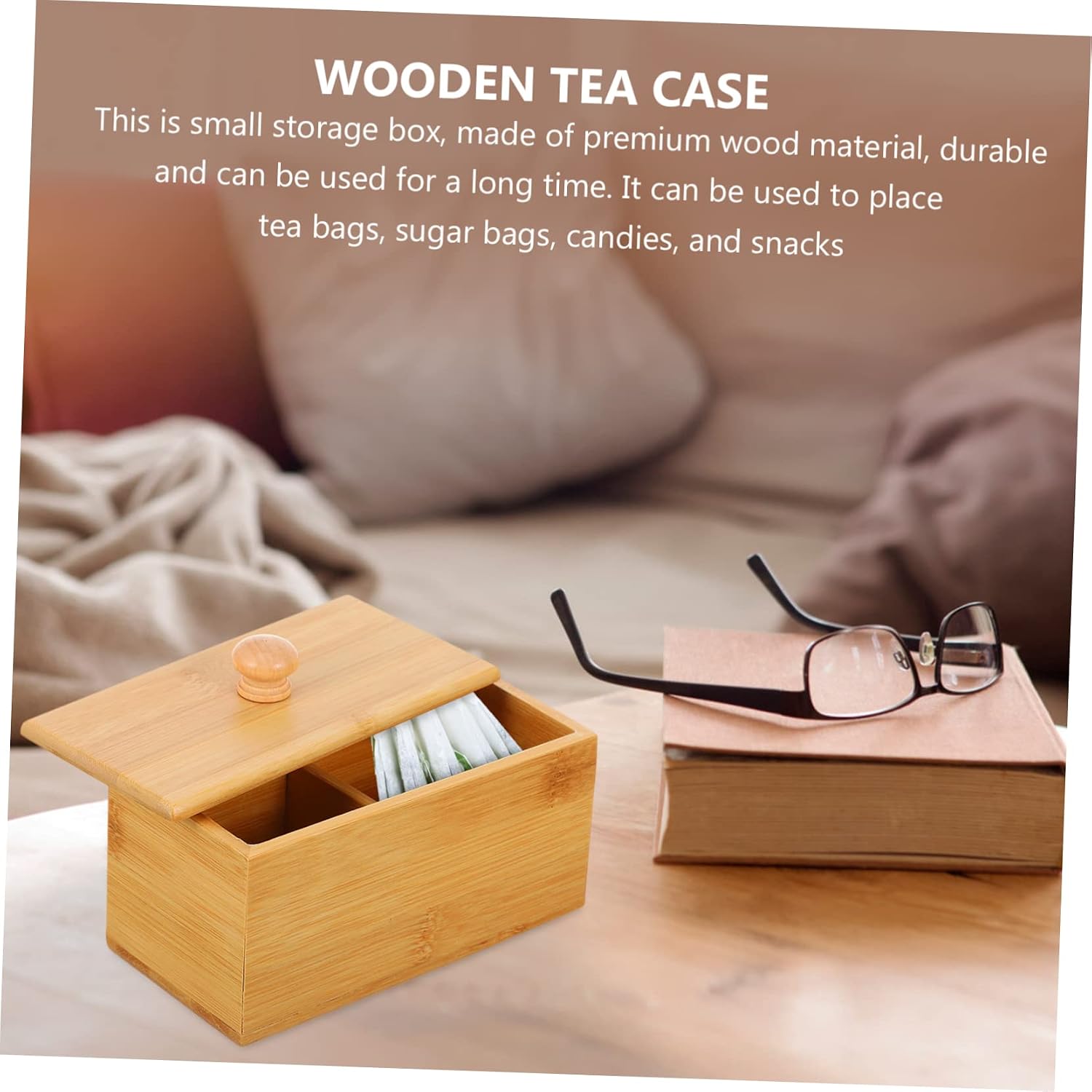 1pc Wooden Tea and Coffee Bag Storage Box Lid Dual-compartment Organizer for Home and Office Wooden Design