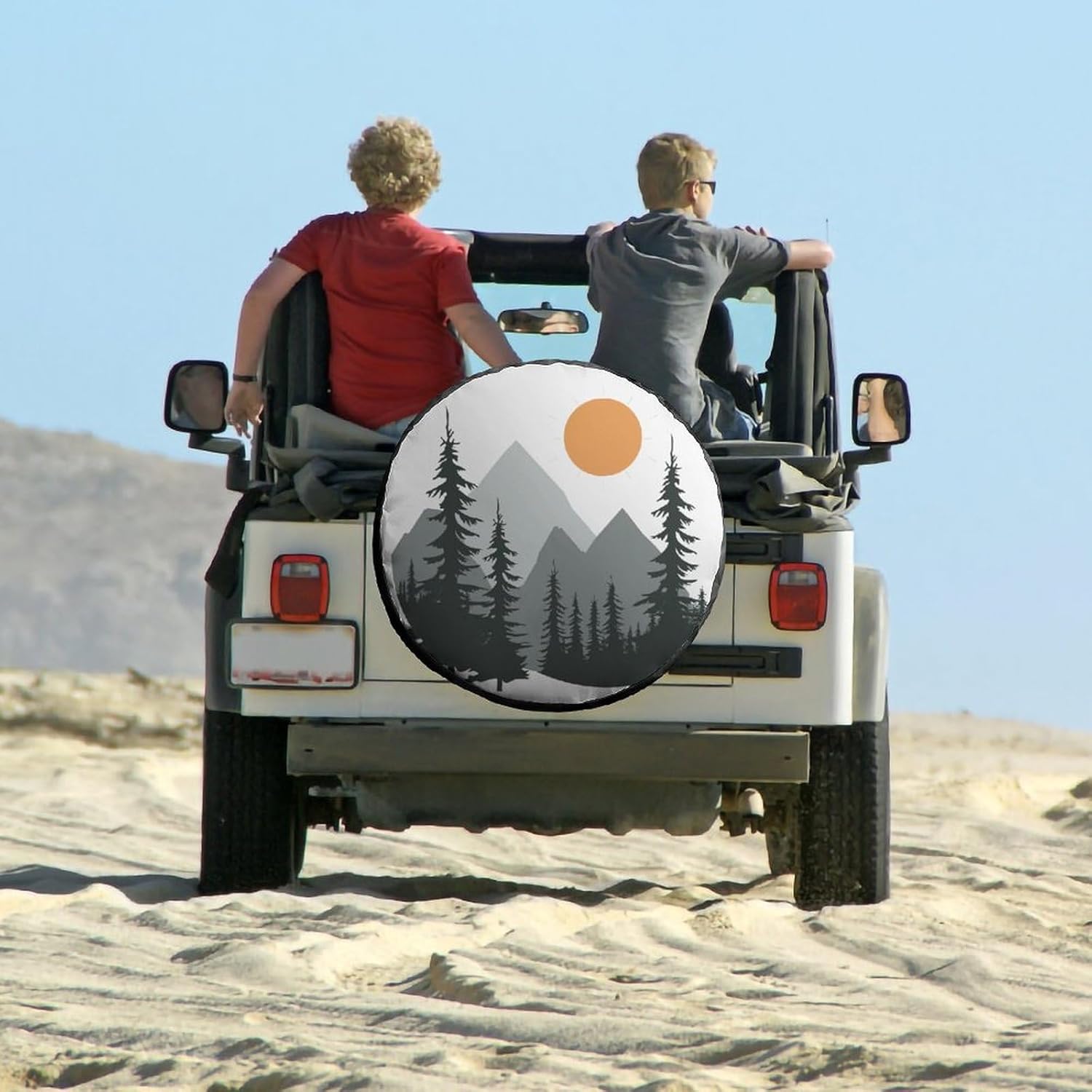 スペアタイヤカバー 13インチ 木と山 サンホイールプロテクター付き タイヤカバー 耐候性ホイールカバー 抽象的な太陽 山 森 自然