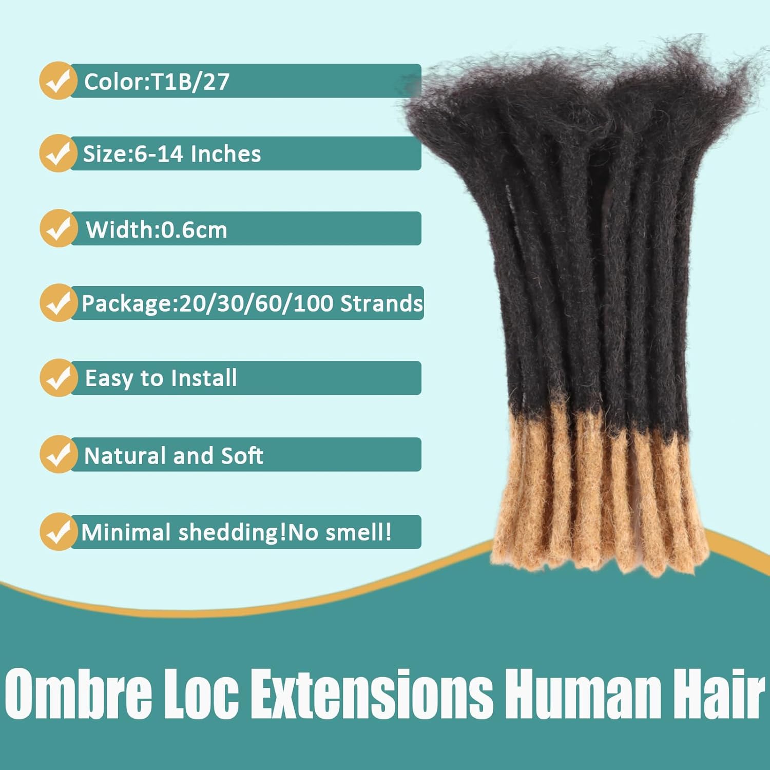 Viovian 0.6cm Ombre Loc Extensions Real Human Hair 8 Inch 30 Strands Dread Lock Human Hair Dreadlock Extensions for Men/Women Color 1b/27