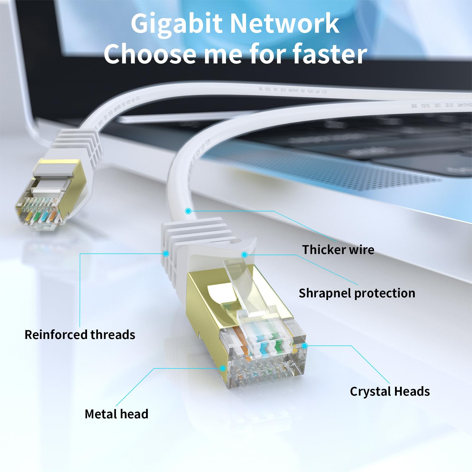 Cable Ethernet Cat 6 para exteriores de 40 m, SFTP-550 MHz, blindado CAT6 RJ45, red LAN, impermeable, cable de Internet de entierro directo, 40 m, redondo, blanco