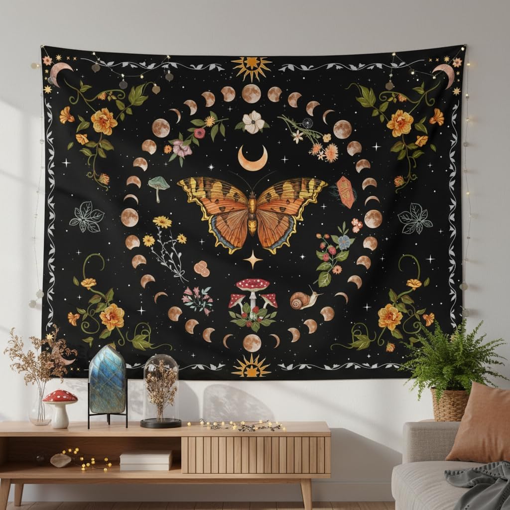 Aipon Orange Butterfly Moon Flower Tapestry Botanical Floral Plant Boho Tapestry for Bedroom Aesthetic Vintage Tapestries Wall Hanging for Living Room Dorm (36.00" x 48.00", Orange)
