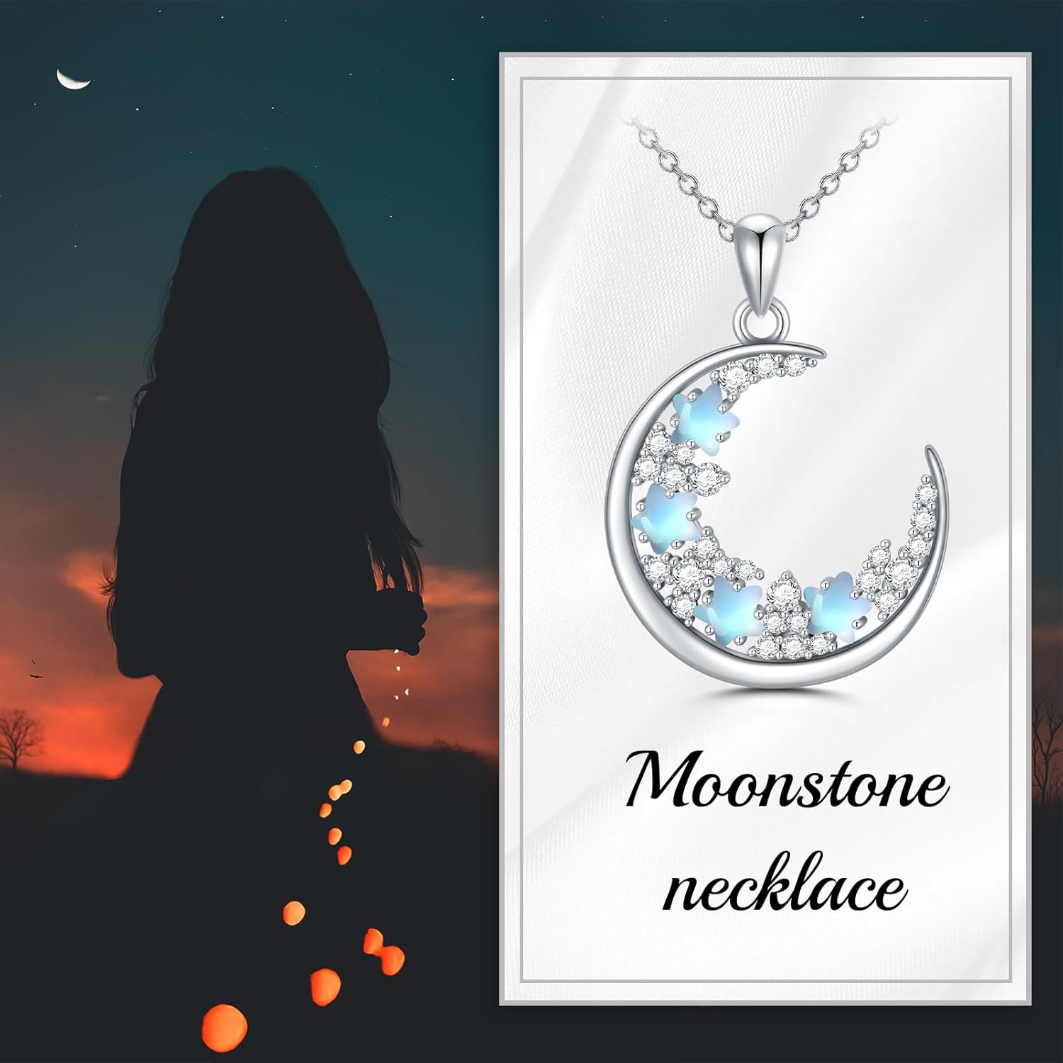 Moon and Star Necklace, 925 Sterling Silver Moonstone Pendant Jewelry Gifts for Women Girls Daughter 18+2’’ - Image 5
