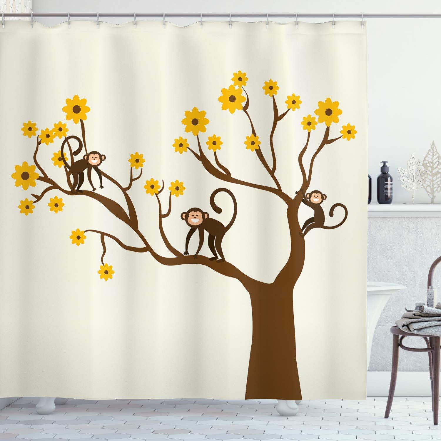 Ambesonne Funny Shower Curtain, Monkey Animations Fun Chimpanzees Climbing on Daisy Trees Animal Life, Cloth Fabric Bathroom Decor Set with Hooks, 69" W x 75" L, Brown Yellow