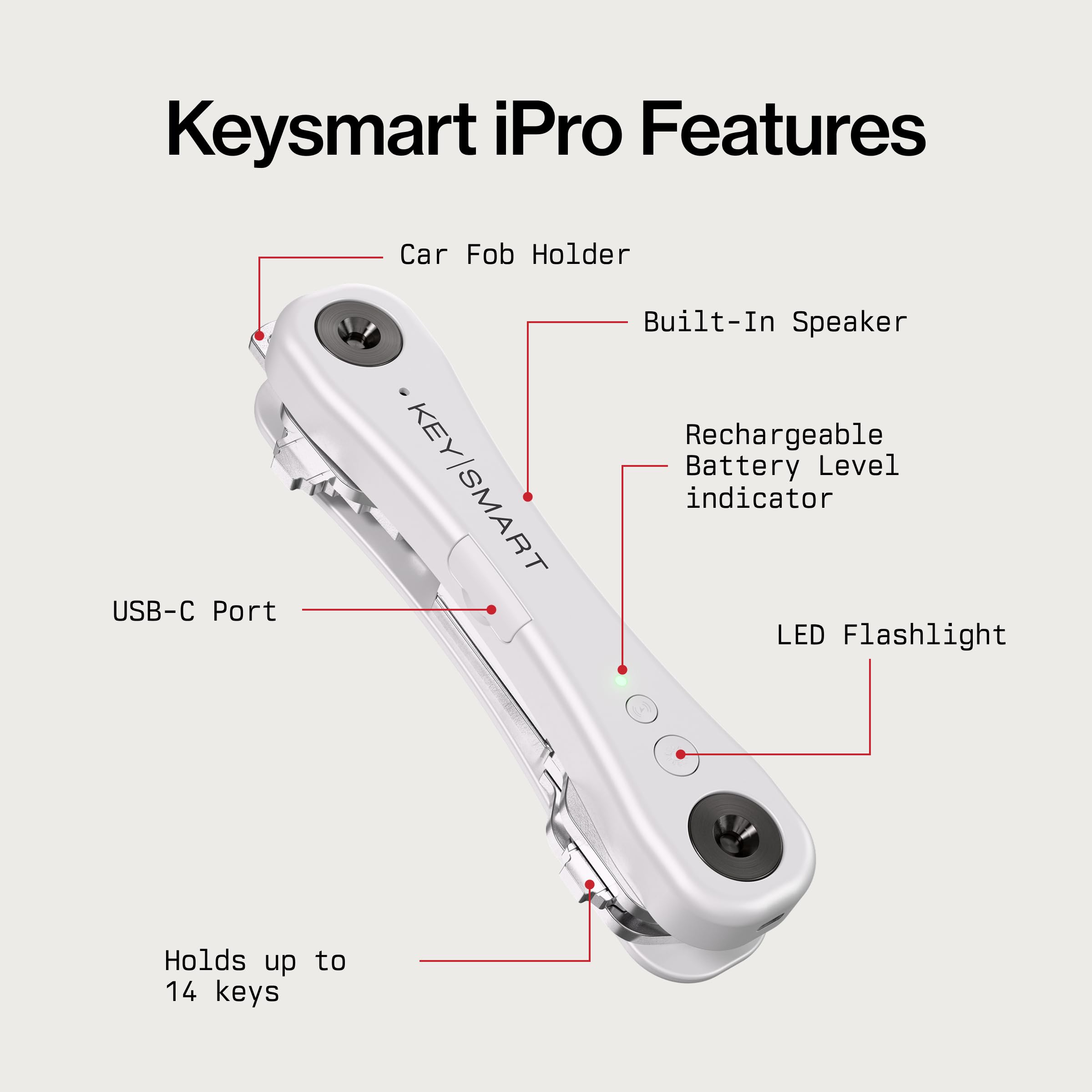 KeySmart iPro Localisateur de clés avec son, porte-clés, compatible avec Apple Find My App, organisateur de clés, suivi de porte-clés compact sans encombrement, batterie rechargeable (jusqu'à 14 clés