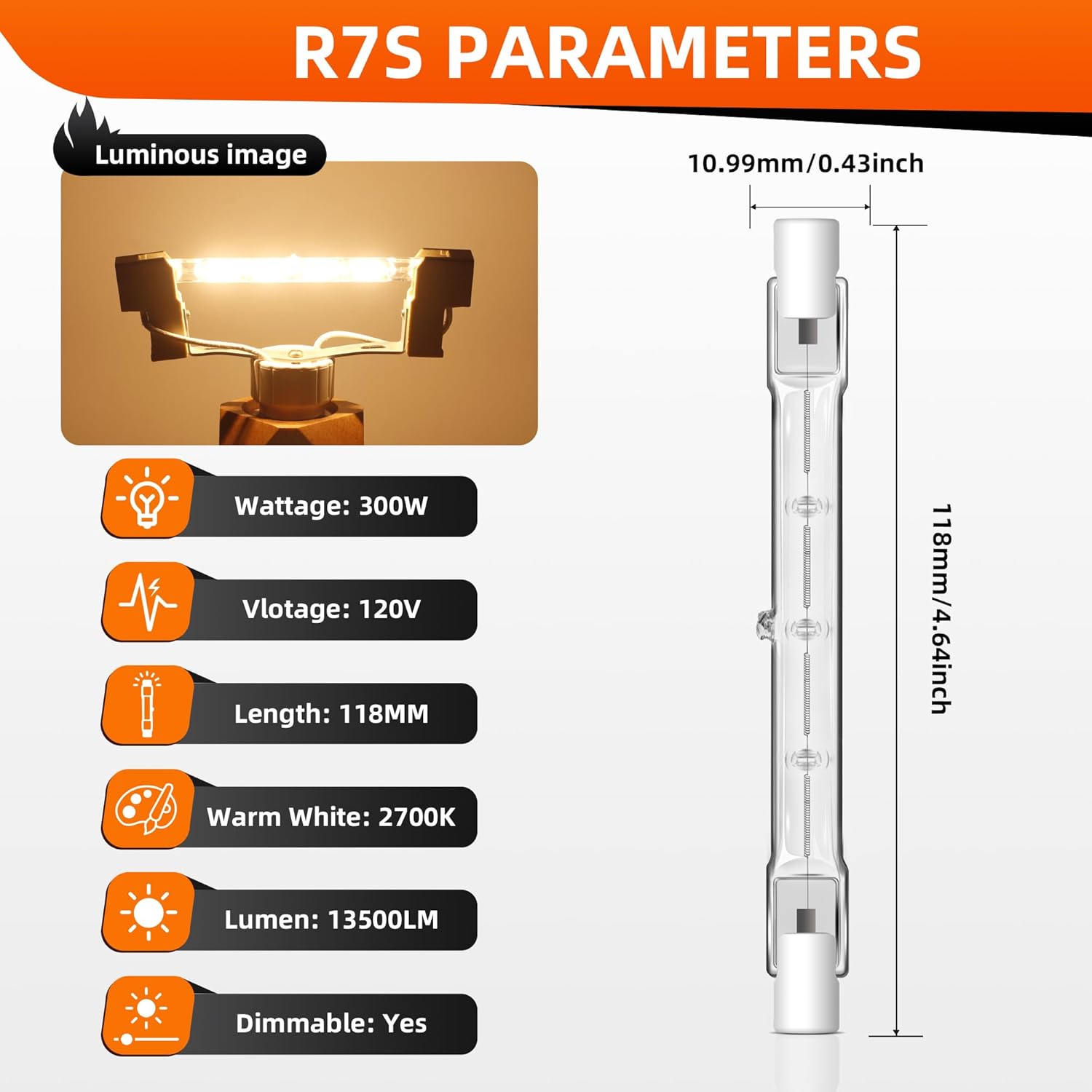R7S 118mm Halogen Bulb R7S T3 300W 120V J Type Halogen Light Bulb with 4.6 Inch Long Double Ended for Work,Landscape,Security,Ceiling Lights,Dimmable 2700K Warm White Pack of 6