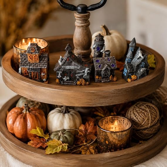 LOGOFUN 4PCS Haunted House Figurines Resin Halloween Mini Decor Props