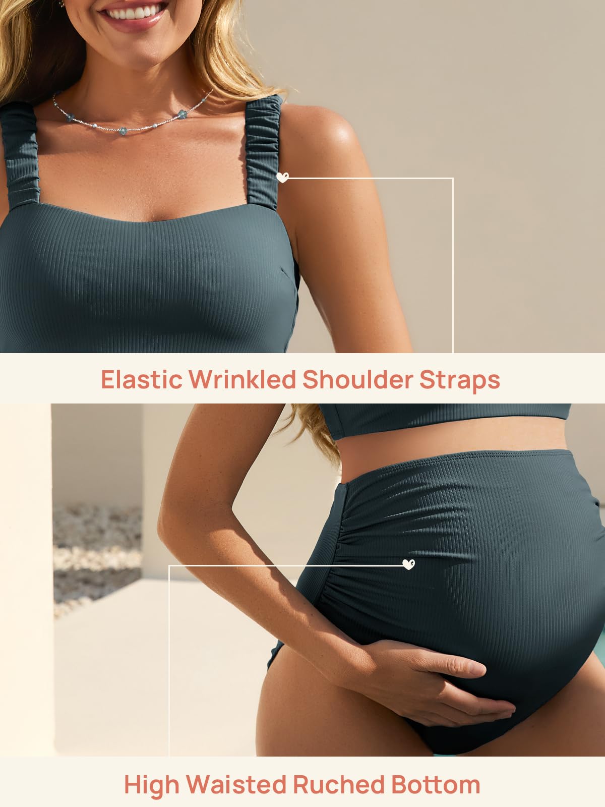 Summer Mae Traje de baño de maternidad acanalado para mujer, de cintura alta, traje de baño de dos piezas, parte superior corta, traje de baño de embarazo