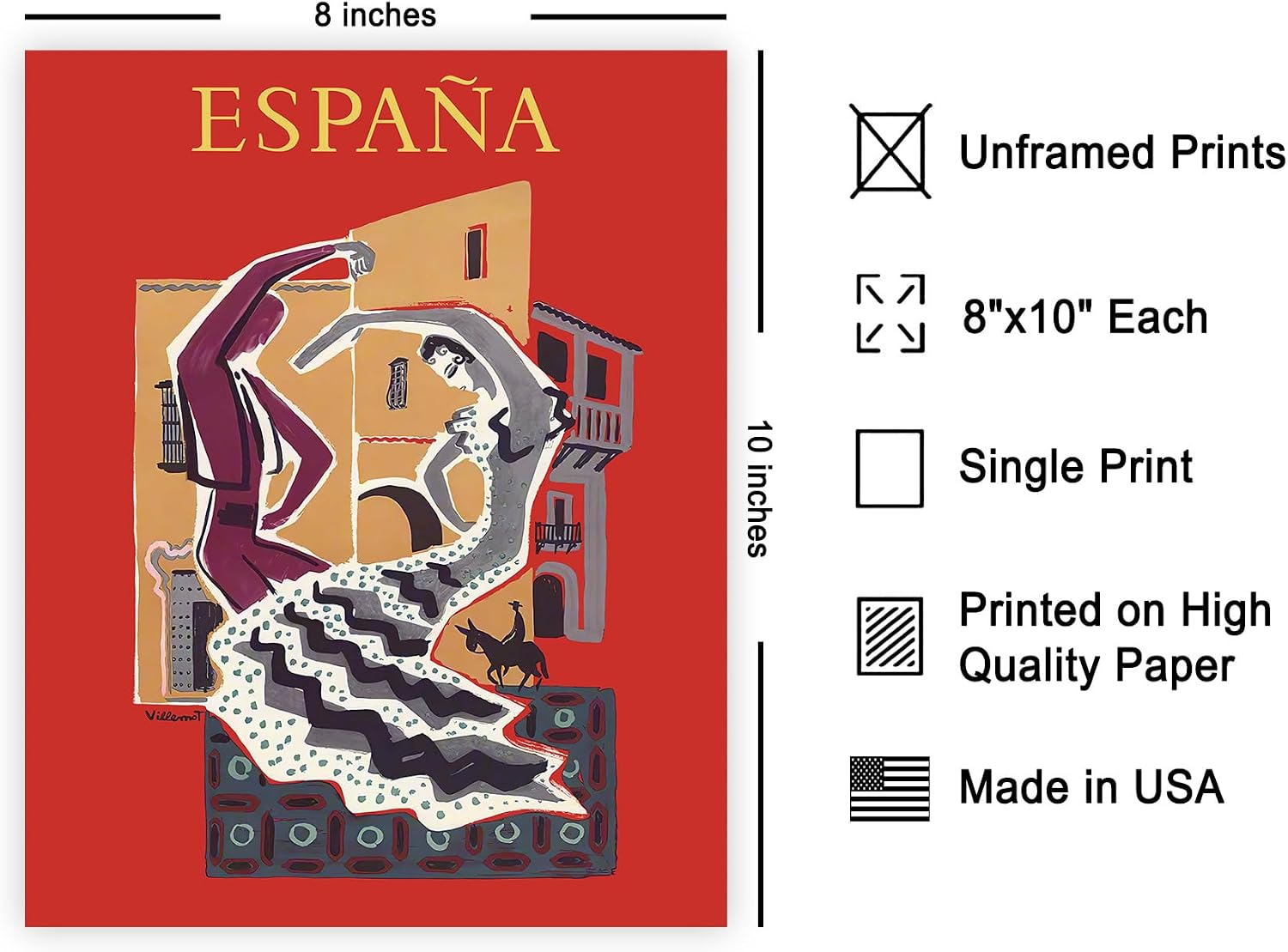 Poster Master Vintage Travel Poster - Retro Spain Print - Flamenco Dancers Art - Romantic Gift for Him, Her, Travel Lover - Chic Decor for Bedroom, Living Room, Dance Studio - 8x10 UNFRAMED Wall Art