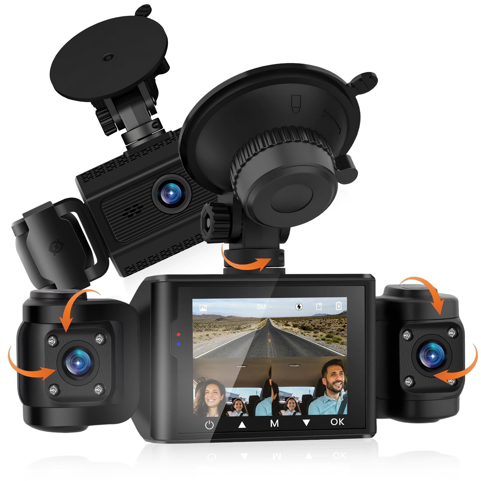 Dash CAM Coche 3 Canales con Tarjeta 64GB – Cámara Coche Grabadora Frontal e Interior, Full HD 1080P, Visión Nocturna, Modo Vigilancia Aparcamiento, Sensor de Movimiento, Mini CAM