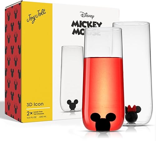 JoyJolt Disney Mickey Mouse, Icon Highball Glass 2 vasos de vidrio para beber. Vasos de 14 onzas de alto para bebidas. Vasos de cóctel, cristalería