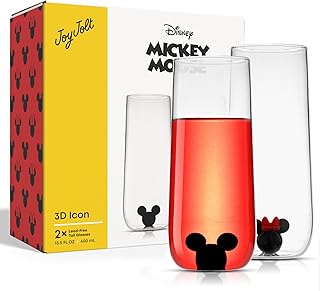 JoyJolt Disney Mickey Mouse, Icon Highball Glass 2pc Glass Drinking Glasses. 14oz Tall Glasses for Drinks. Cocktail Glasses, Disney Glassware, Disney Gifts, Disney Collectibles for Adults