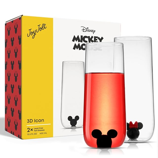 JoyJolt Disney Mickey Mouse Icon Highball Glass 2pc Glass Drinking Glasses 14oz Tall Glasses for Drinks Cocktail Glasses