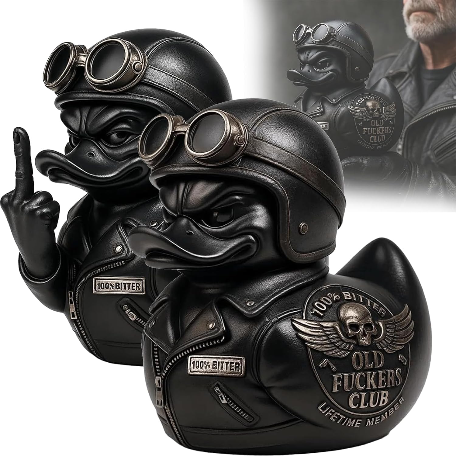 Old F*ckers Club Duck Figurine, Funny Lifetime Member Rebel Duck Statue, Cool Middle Finger Biker Duck Decor, Humorous Motorcycle Collectible Ornament, Novelty Gag Gift for Men(A and B)
