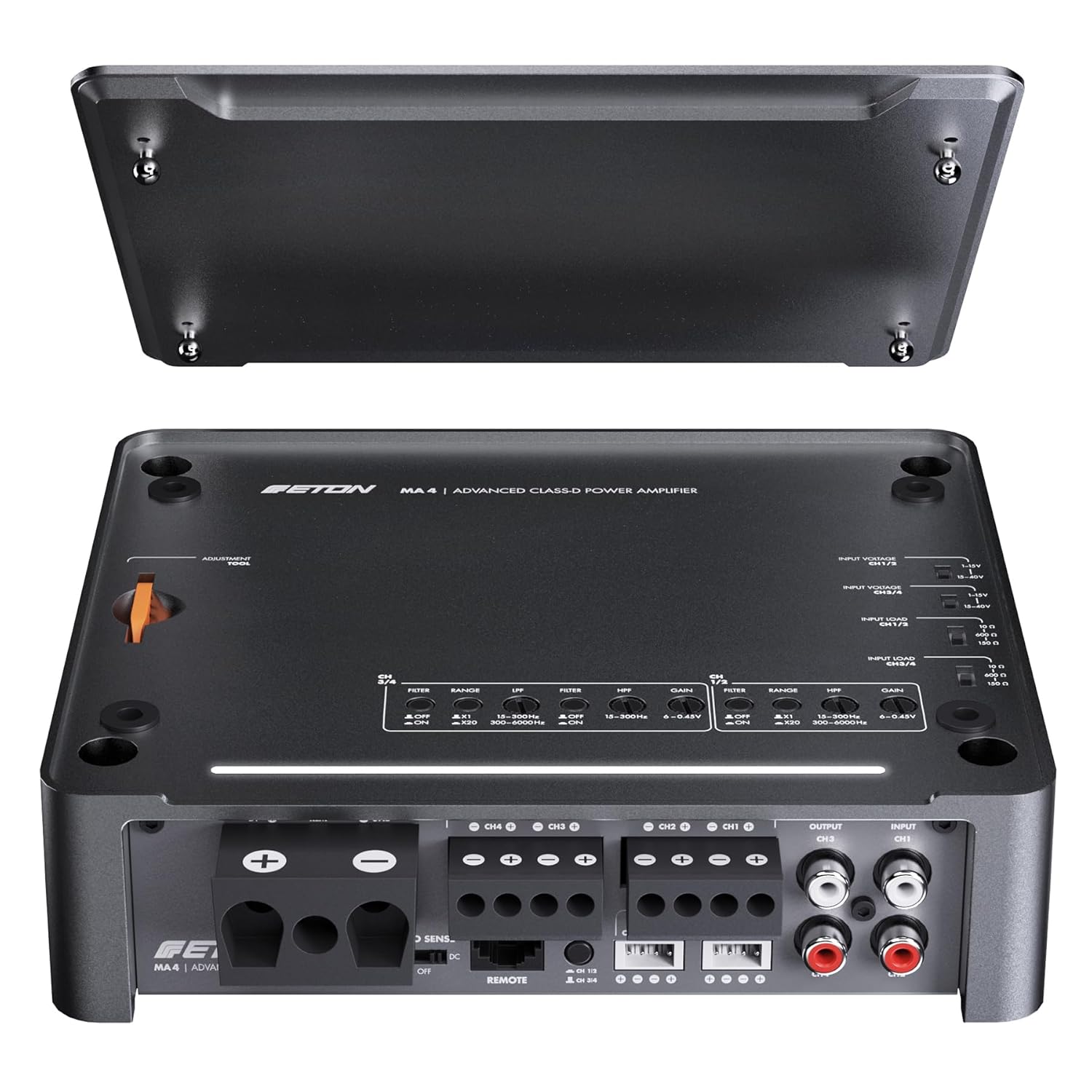 อีตัน แมสซาชูเซตส์ 4 amplifier with top cover removed, showing control panel