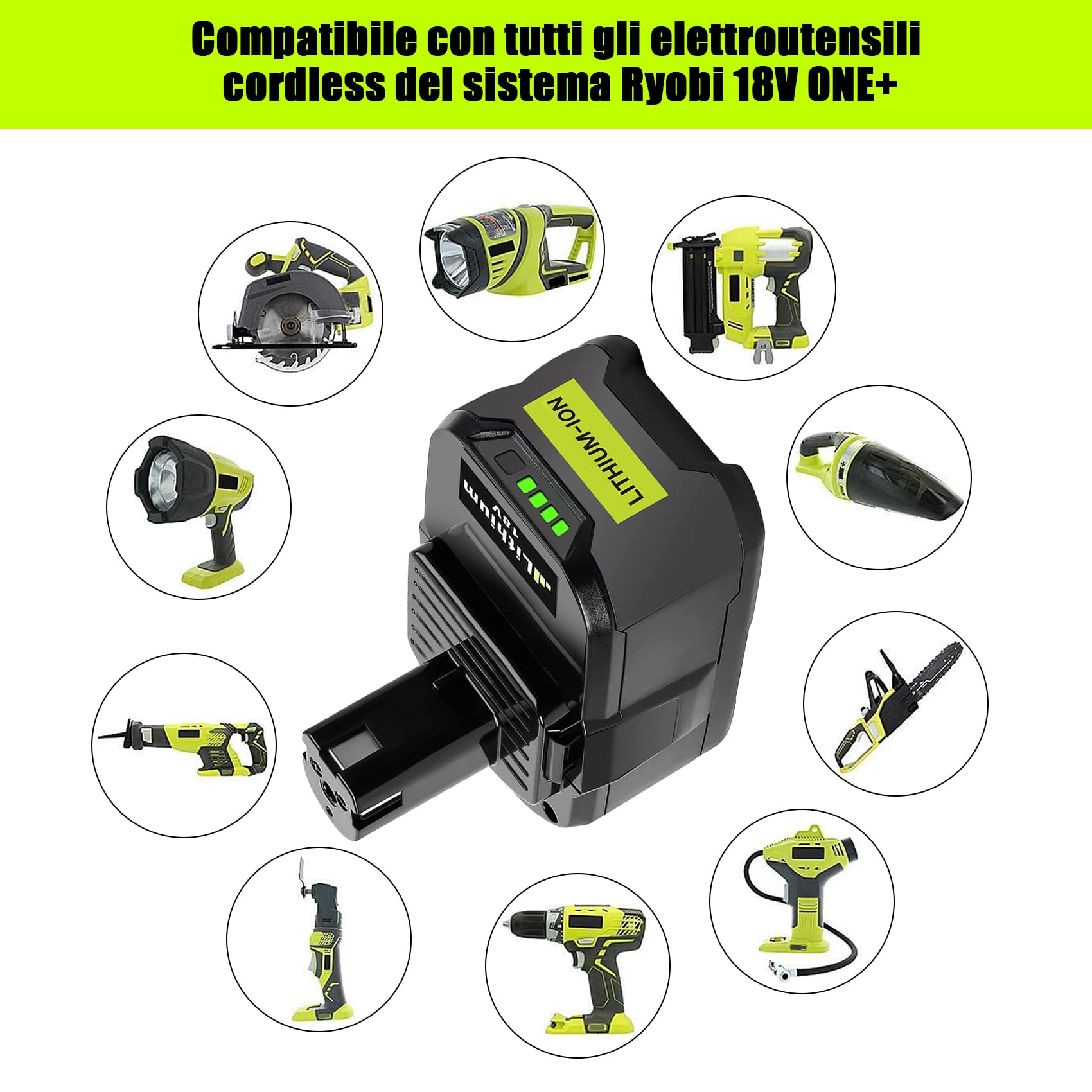KUNLUN 2 Pezzi 18V 5.5Ah P108 Batteria di Ricambio Agli Ioni di Litio per Ryobi ONE+18V RB18L50 RB18L40 RB18L25 BPL-1815 BPL-1820G BPL18151 BPL1820 P104 P105 P107 P108, con Indicatore LED