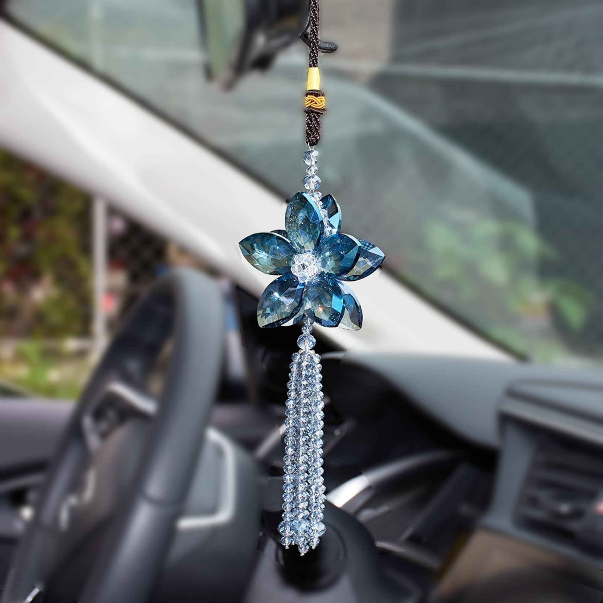 Crystal Flower Car Rear View Mirror Pendant Car Hanging Ornament Lucky Car Charm with Dangle Beads, Blue
