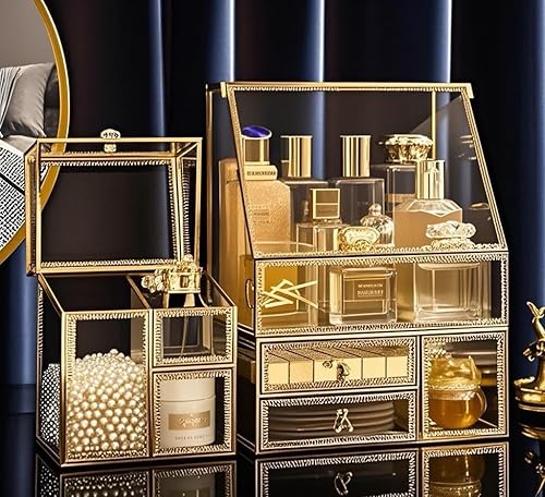 Miniatura 2 de Hersoo Organizador de cosméticos de vidrio apilable de lujo, juego de 3 piezas, duradero, almacenamiento de tocador inastillable de alta calidad,