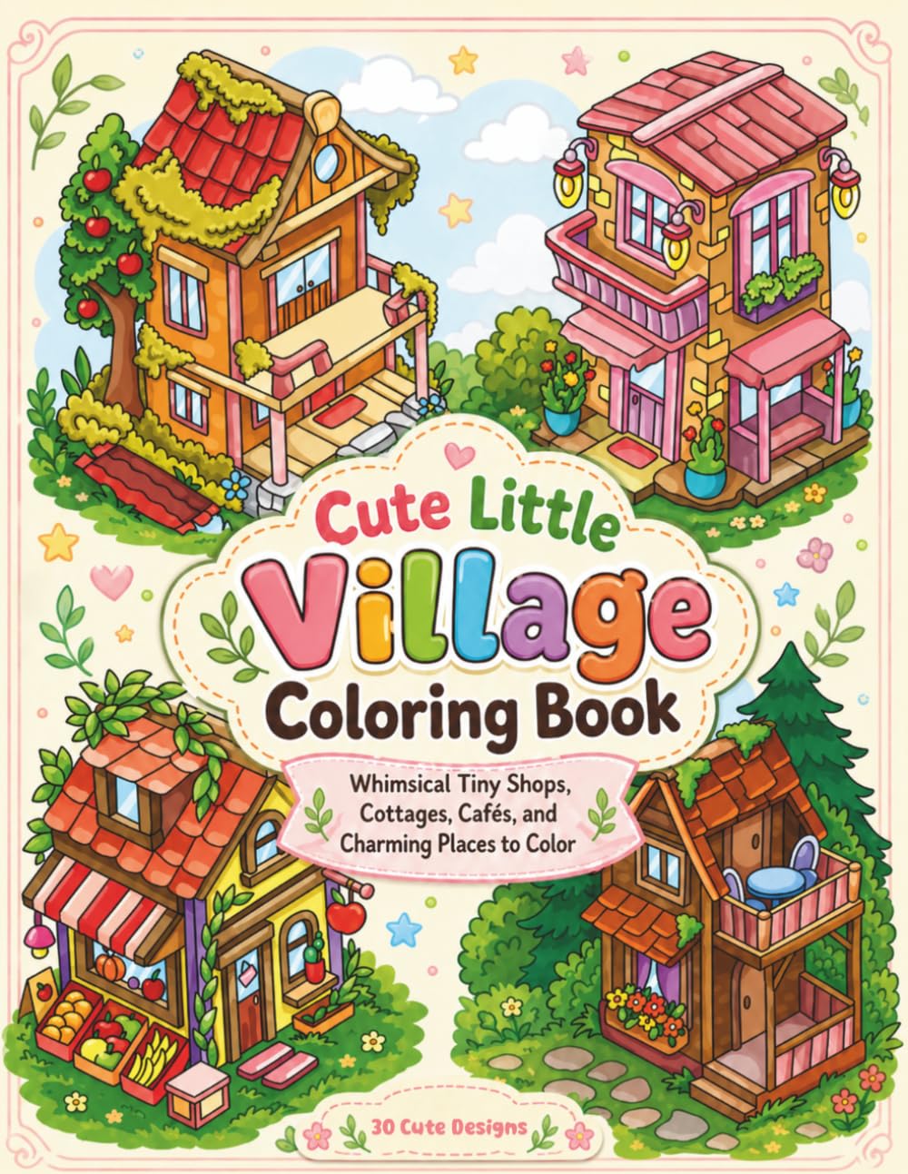 Cute Little Village Coloring Book: Whimsical Tiny Shops, Cottages, Cafes & Charming Places to Color