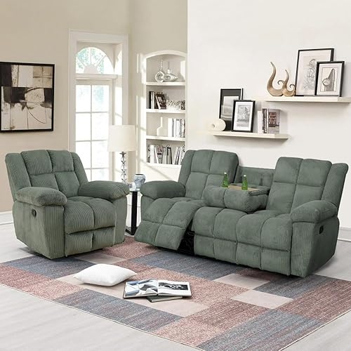 Juego de sofá reclinable para muebles de sala de estar, juego de sofá y silla reclinable de pana verde, tela manual, sofá reclinable de 3 plazas con