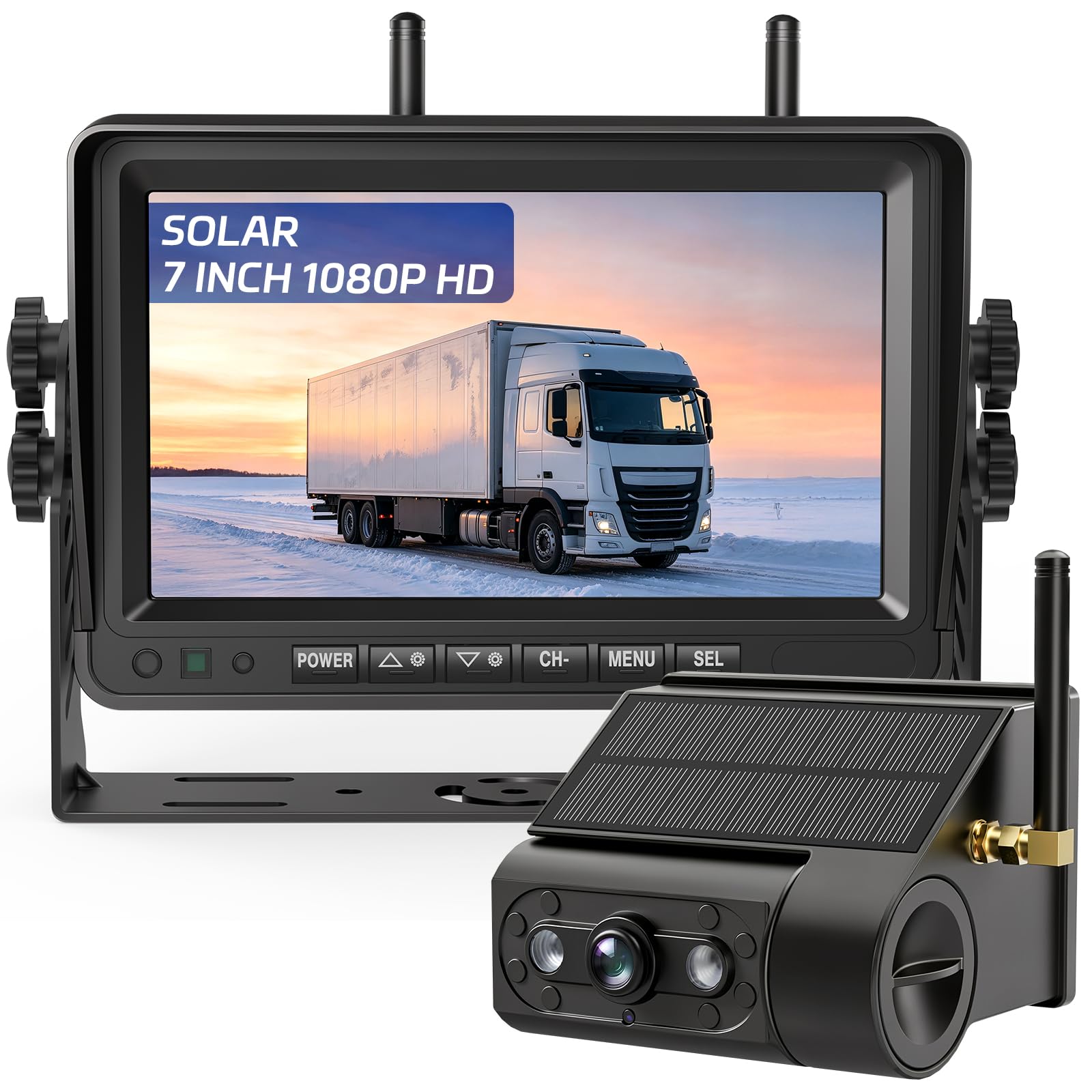 Telecamera Retromarcia Solare Wireless 10000mAh, Monitor 7" IPS con DVR, Portata Lunga, Montaggio Magnetico, 1080P HD Visione Notturna, IP67 per Camper Furgone Camion(VS-7G)