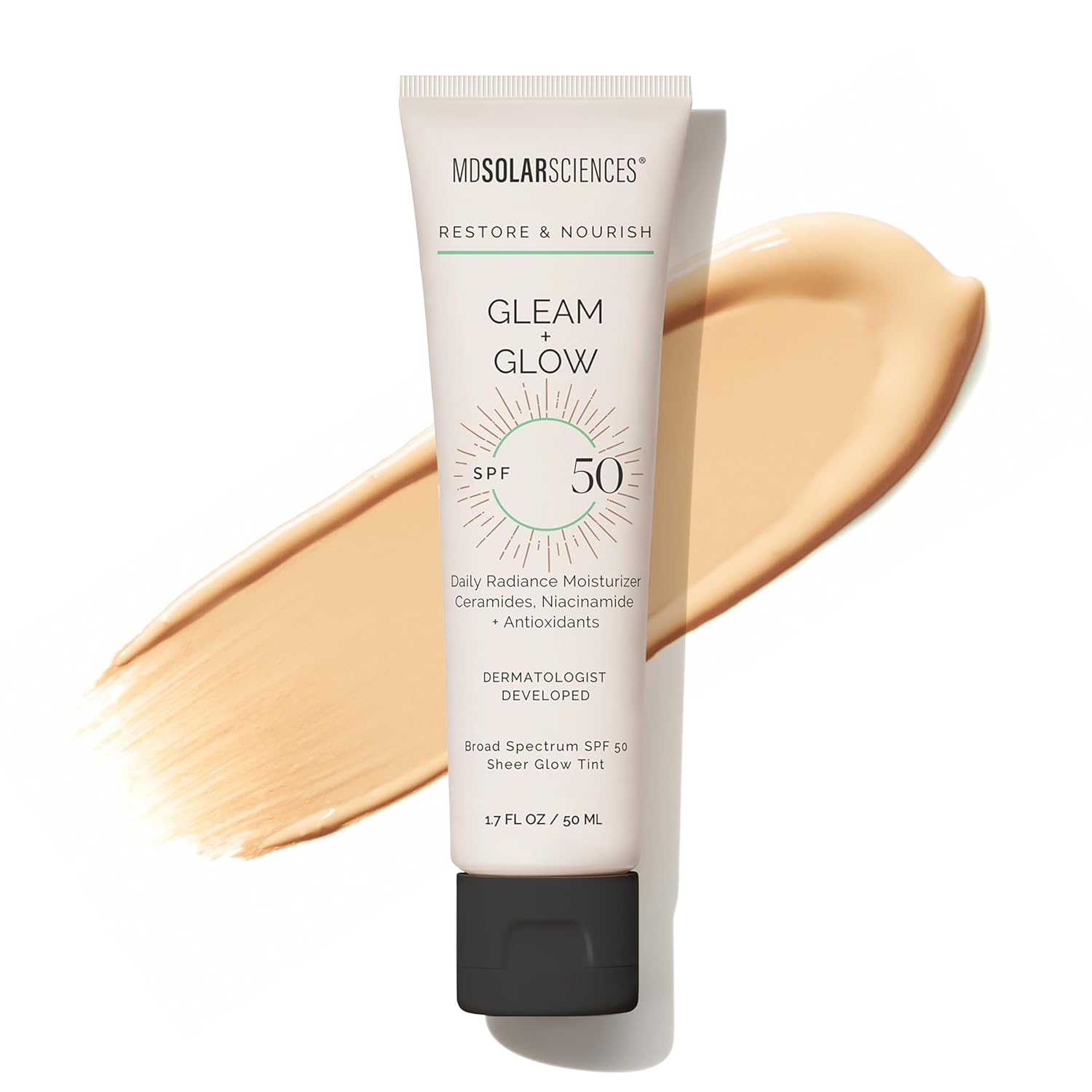 MDSolarSciences Gleam + Glow Sunscreen SPF 50 | Sheer Glow Tinted Moisturizer with Broad Spectrum UV Protection | Infused with Antioxidants, Ceramides & Vitamin C | Safe for Sensitive Skin (1.7 Fl Oz)