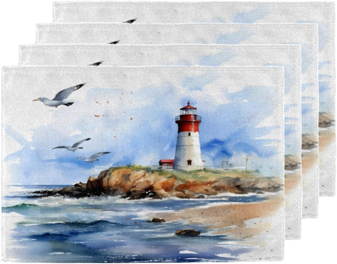 Watercolor Lighthouse Placemats Set of 4 Decorative Dinner Place Mats Washable Table Mat for Gifts, Holiday, Birthday Party, Wedding & Dining