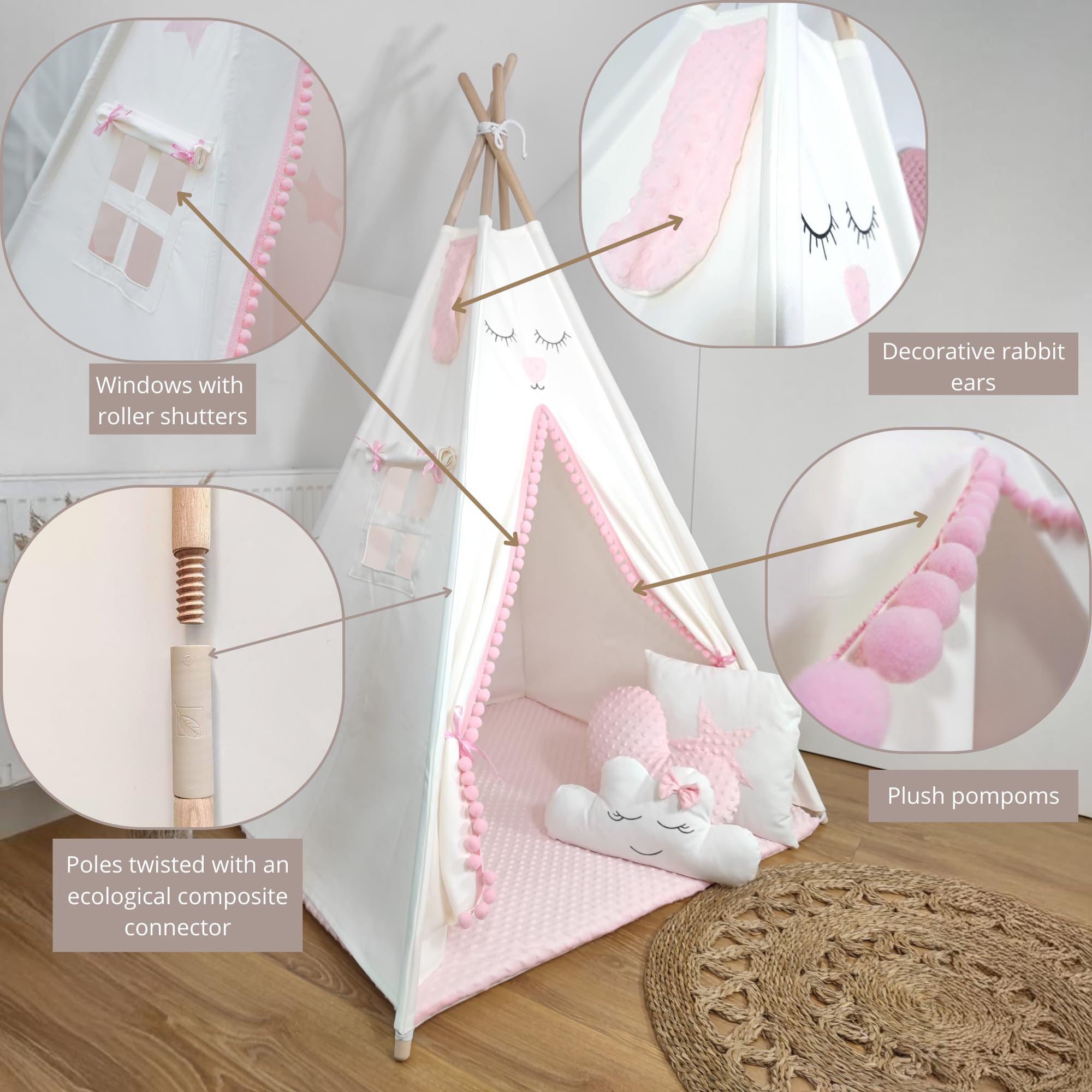 HOMECHIC Teepee Tente De Jeu, Pour Enfant, En Coton, Blanc, Crème