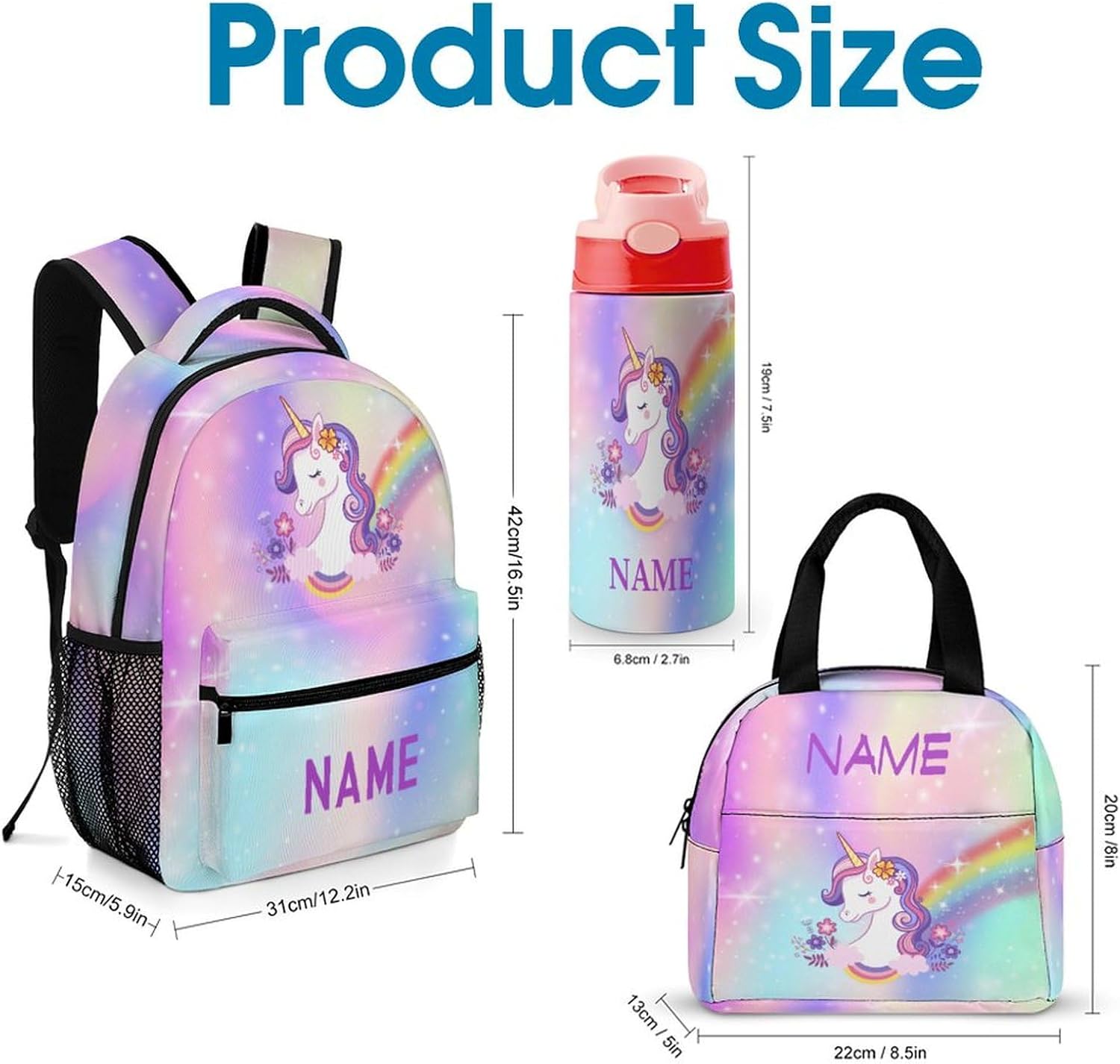 Custom Rainbow Galaxy Unicorn Backpack for Kids Girls Boys Add Name Personalized 3 in 1 Book Bags with Lunch Box Kids Water Bottle Customized School Bag Set