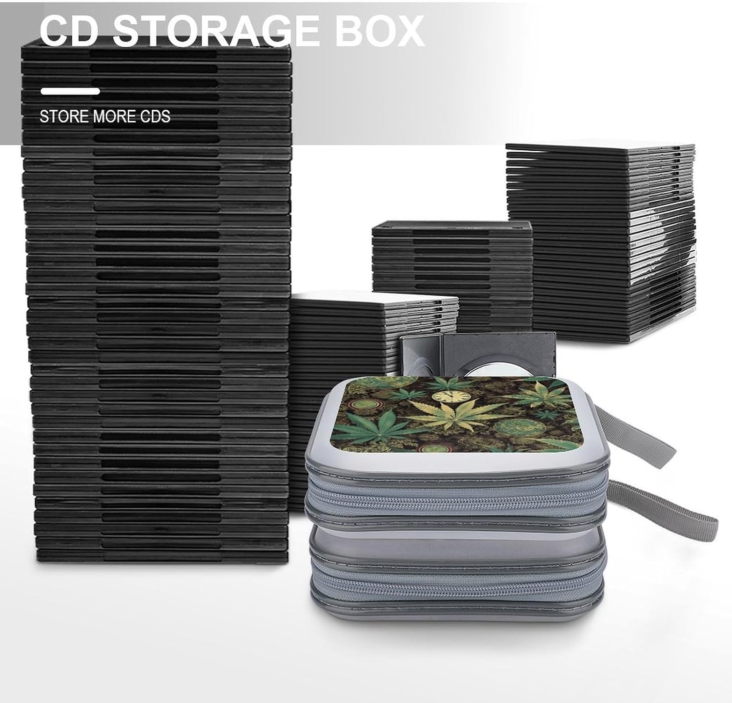 A Puff in Time Weed Marijuana CD Case Holder Hard Plastic DVD Case Storage Holders 40 Capacity Large Storage Disc Wallet Bag Portable Zipper CD/DVD Wallet Holder Organizer for Car Home Travel