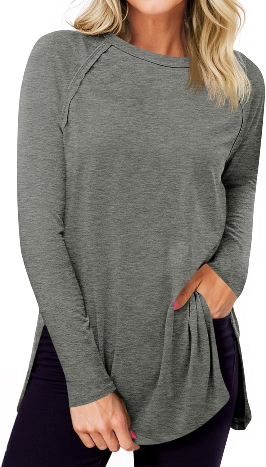 Cicy Bell Womens Long Sleeve Tunic Tops Side Slit Crew Neck Oversized T Shirts Fall Casual Loose Fit Basic Tees Shirts