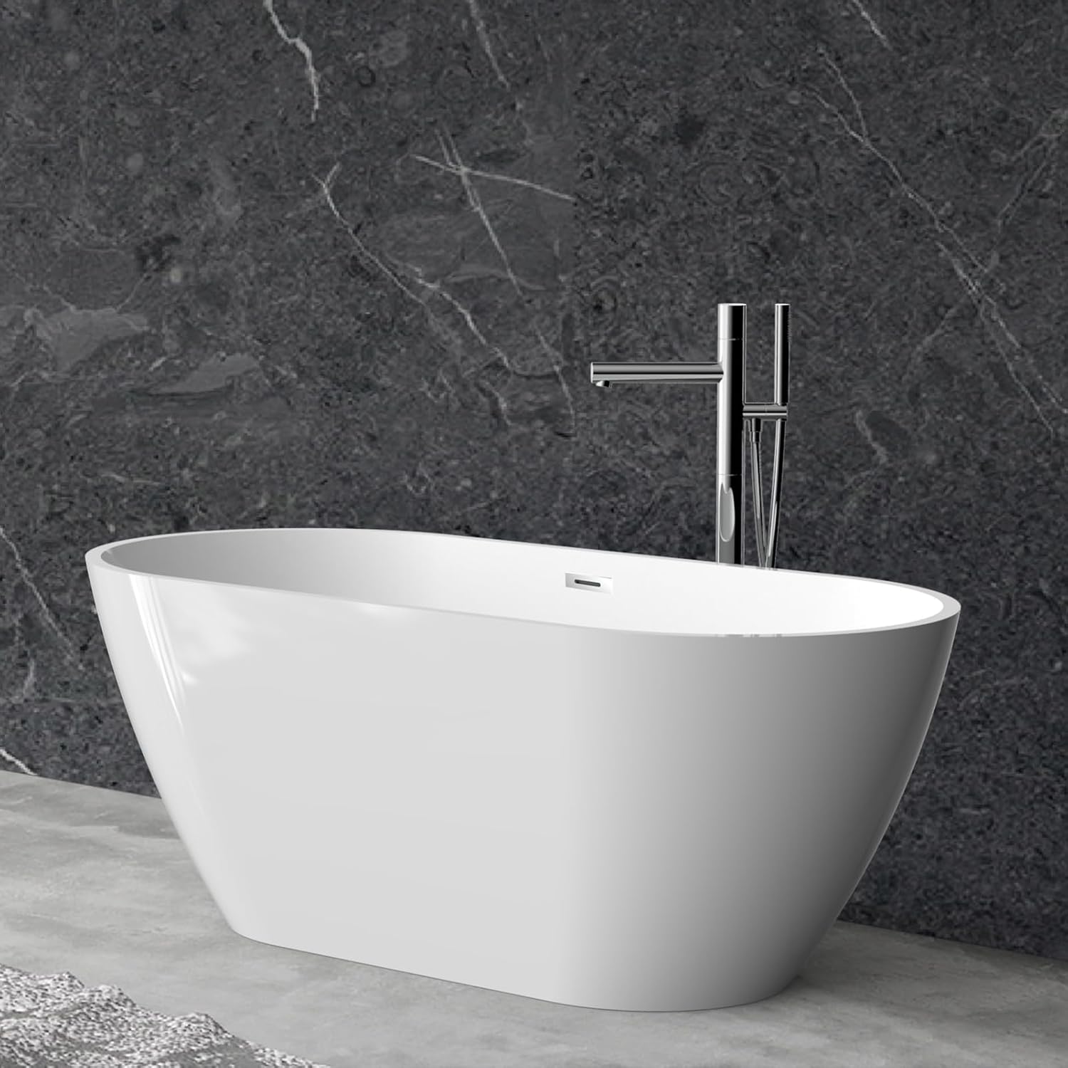 67" Acrylic Freestanding Bathtub, Modern Deep Soaking Tub, cUPC Certified Free Standing Tub, Chrome Drain/Overflow, White Acrylic, White Flora - Image 8