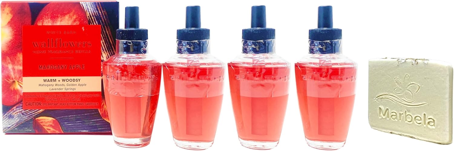 Bath & Body Works Mahogany-Apple 4 Pack Wallflowers Fragrance Refill Set with a Natural Oats Sample Soap