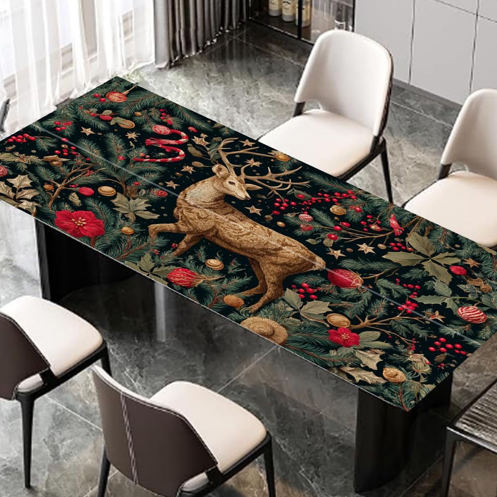 Christmas Deer Forest Desktop Sticker 39.37x23.62In, Vintage Embroidery Style Desk Decal, Easy Clean Table Surface Sticker, Elegant Holiday Decor