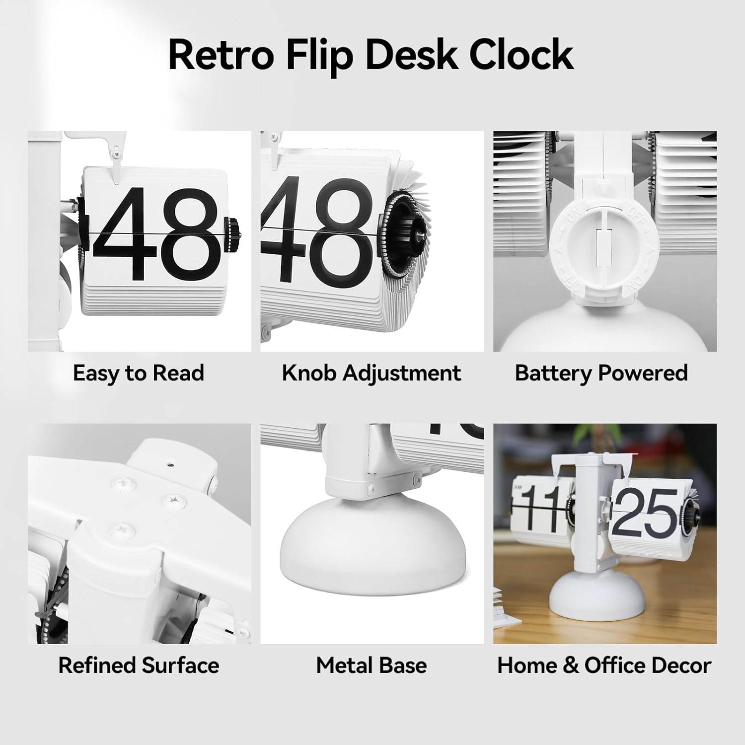 Flip Desk Clock, Retro Vintage Design Auto Flip Table Clock, Large Number Mechanical Battery Powered Operated Clocks for Home & Office Decor (White)