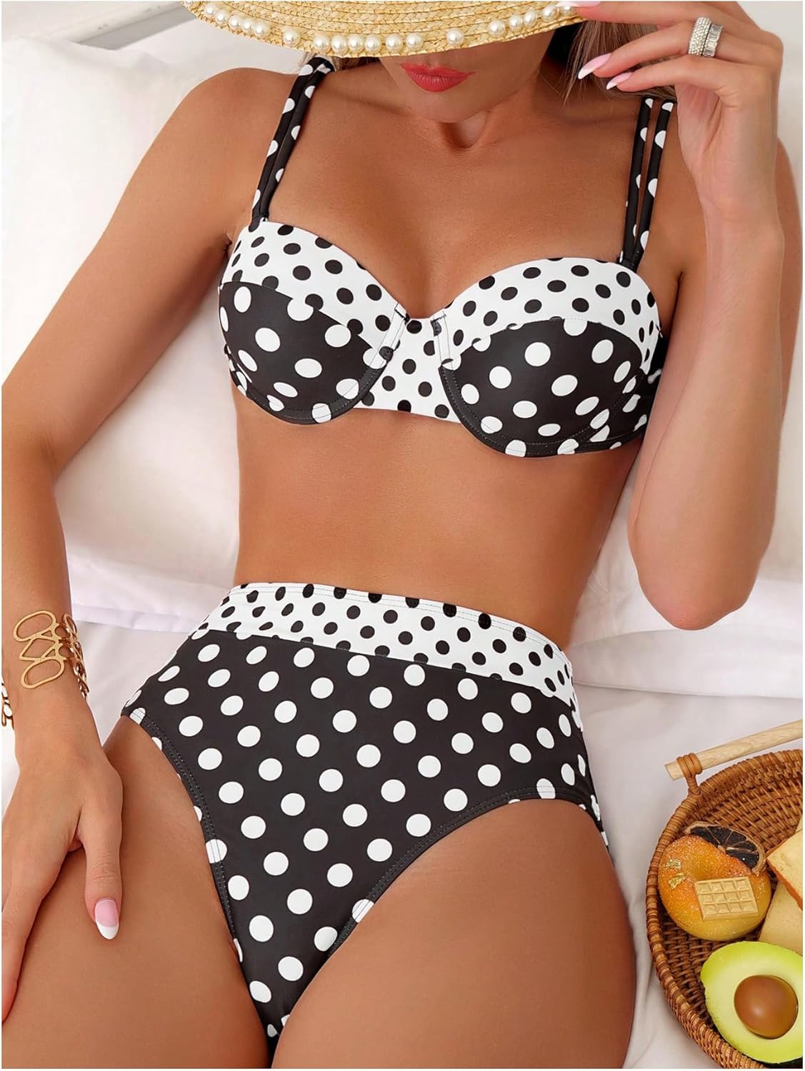 SweatyRocks Women's Polka Dots 2 Piece Bikini Set Color Block High Waisted Thong Bathing Suit Swimwear - Image 3