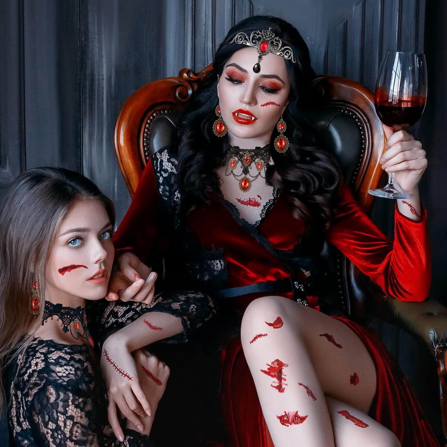 21 Pcs Halloween Gothic Vampire Costume Accessories Set Black Vampire Bat Red Stone Halloween Headband Necklace Bracelet Earrings Teeth Fangs Tattoo Scar for Women Dress up - Image 2