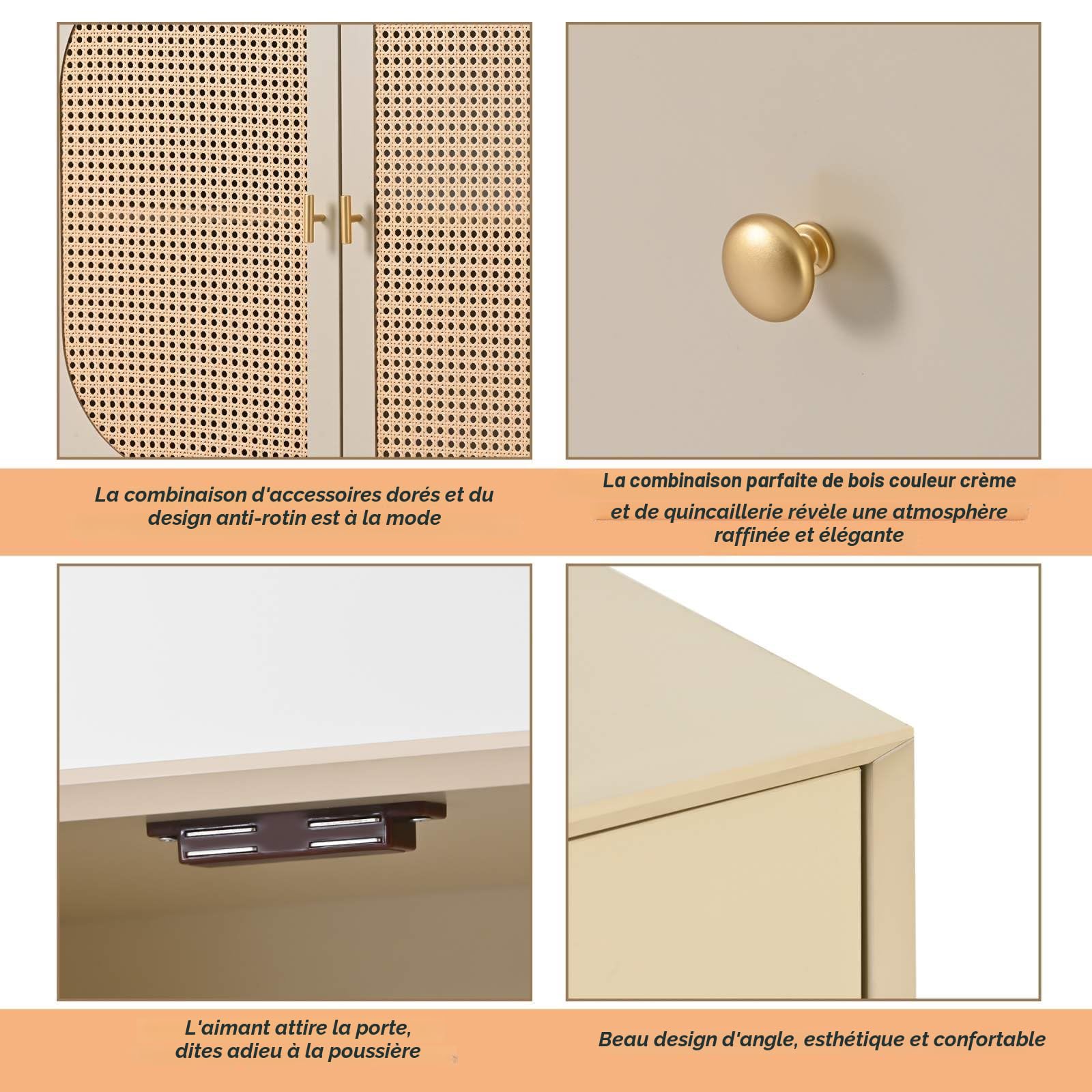 KOMHTOM Buffet Beige avec Portes en rotin, Meuble de Rangement avec 2 Portes et 3 tiroirs pour Salon Chambre à Coucher Salle à Manger Couloir (Beige Clair-D)