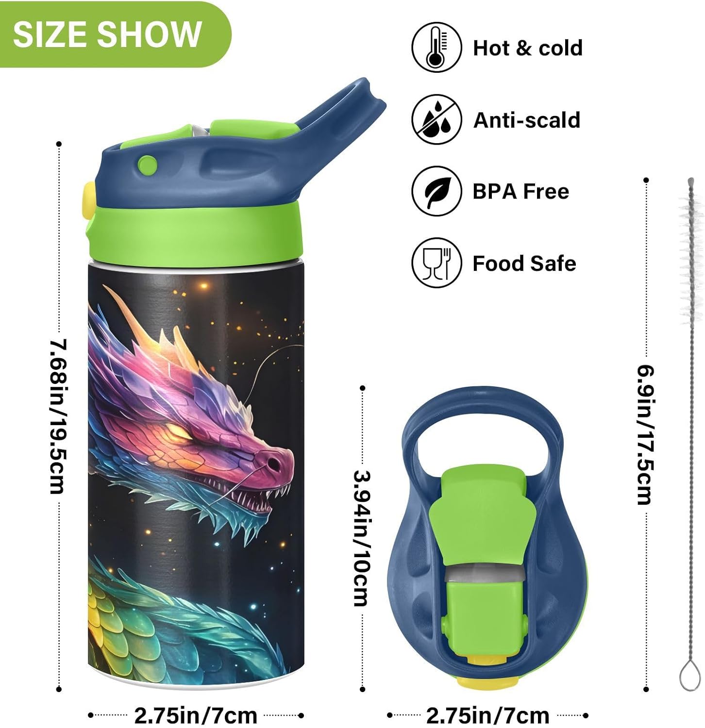 Dragon Galaxy Colorful Kids Water Bottle with Straw Lid Insulated Tumbler with Handle Stainless Steel Reusable Toddlers Cup for Kids Boys 12 oz