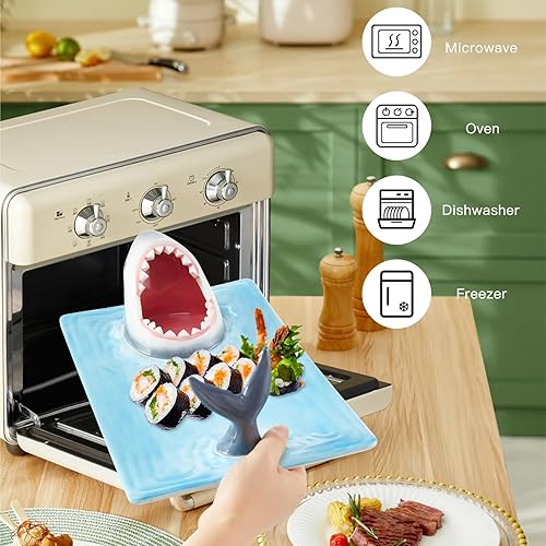Miniatura 7 de Shark - Plato de cerámica para sushi con forma de tiburón, bandeja para servir alimentos pintada a mano con cuenco de salsa de soja y soporte para