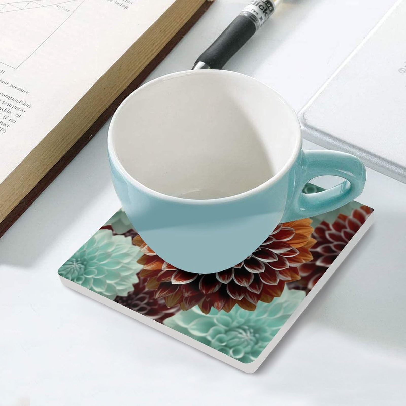 Posavasos para decoración de mesa, juego de 6 posavasos para mesa de café, reutilizables, con estampado de flores de dalia, para mesa de comedor y sala de estar