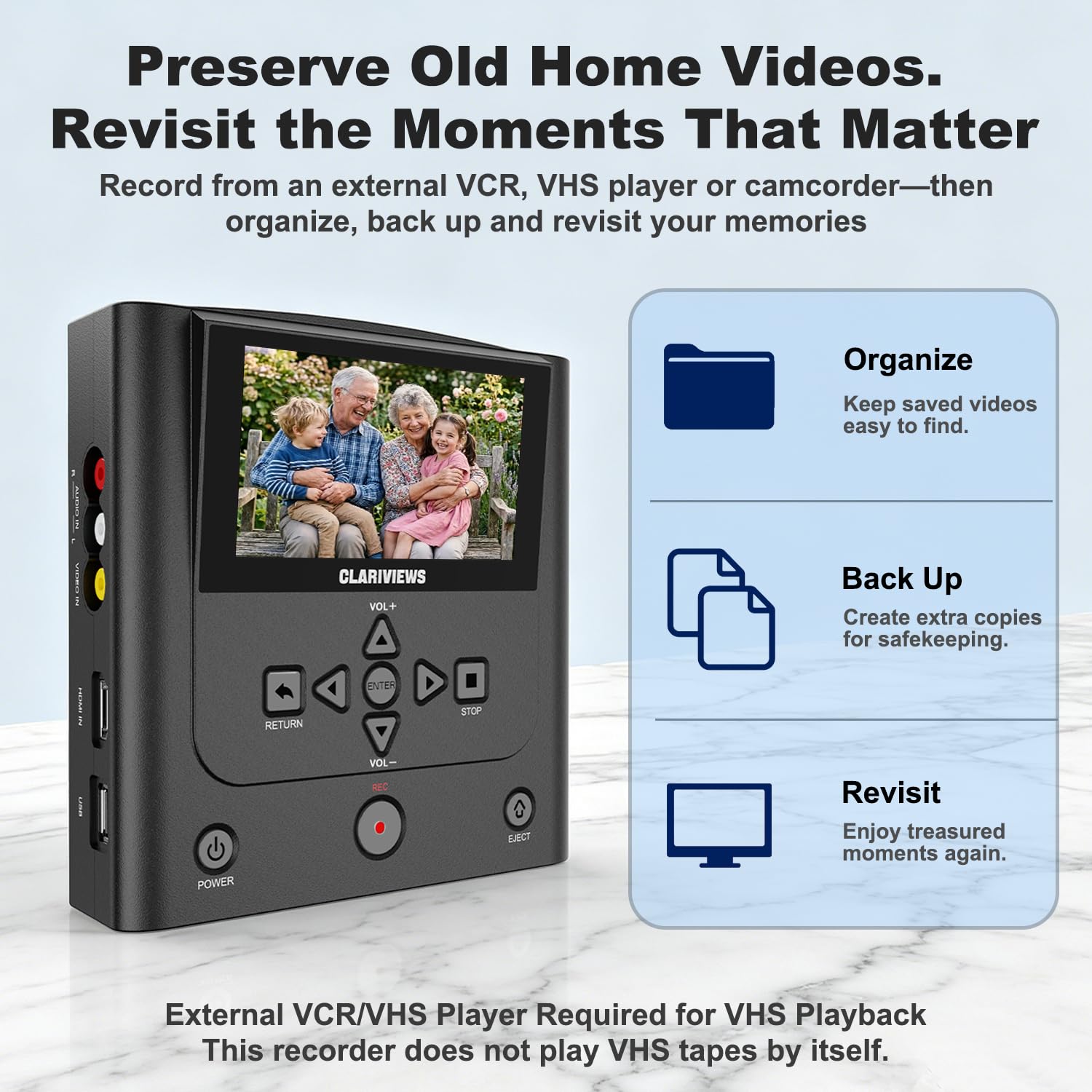 Registratore e convertitore da VHS a DVD con ingressi AV e HDMI, registra vecchi filmati domestici da videoregistratori, lettori VHS e videocamere Hi8 a DVD, unità USB, scheda SD o HDD esterno, nessun