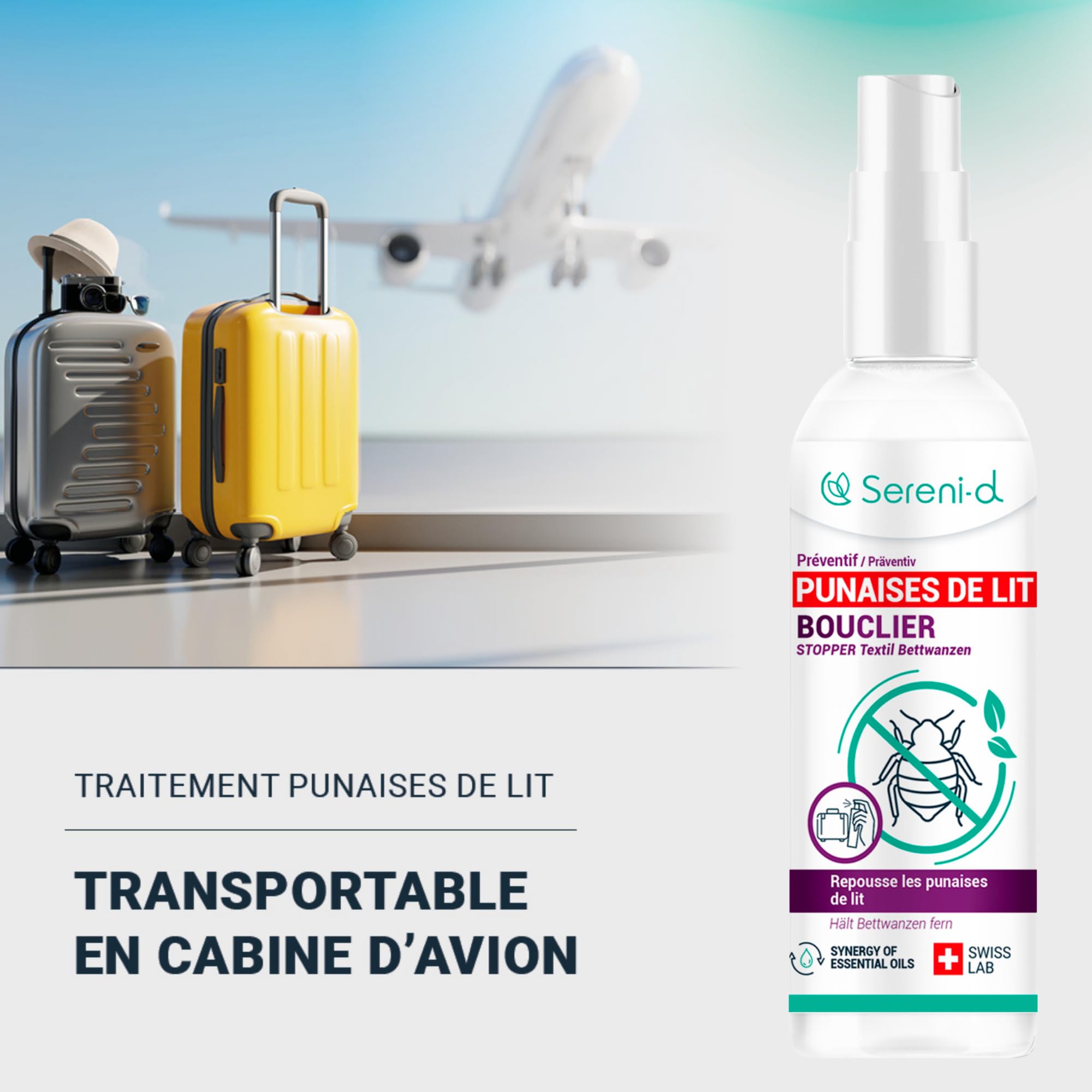 SERENI-D - KIT TRANQUILLITÉ - SOS ANTI PUNAISES DE LIT SUPER PUISSANT + SPRAY BOUCLIER RÉPULSIF HAUTEMENT EFFICACE - Traitement naturel à double efficacité curative et préventive - Swiss Lab