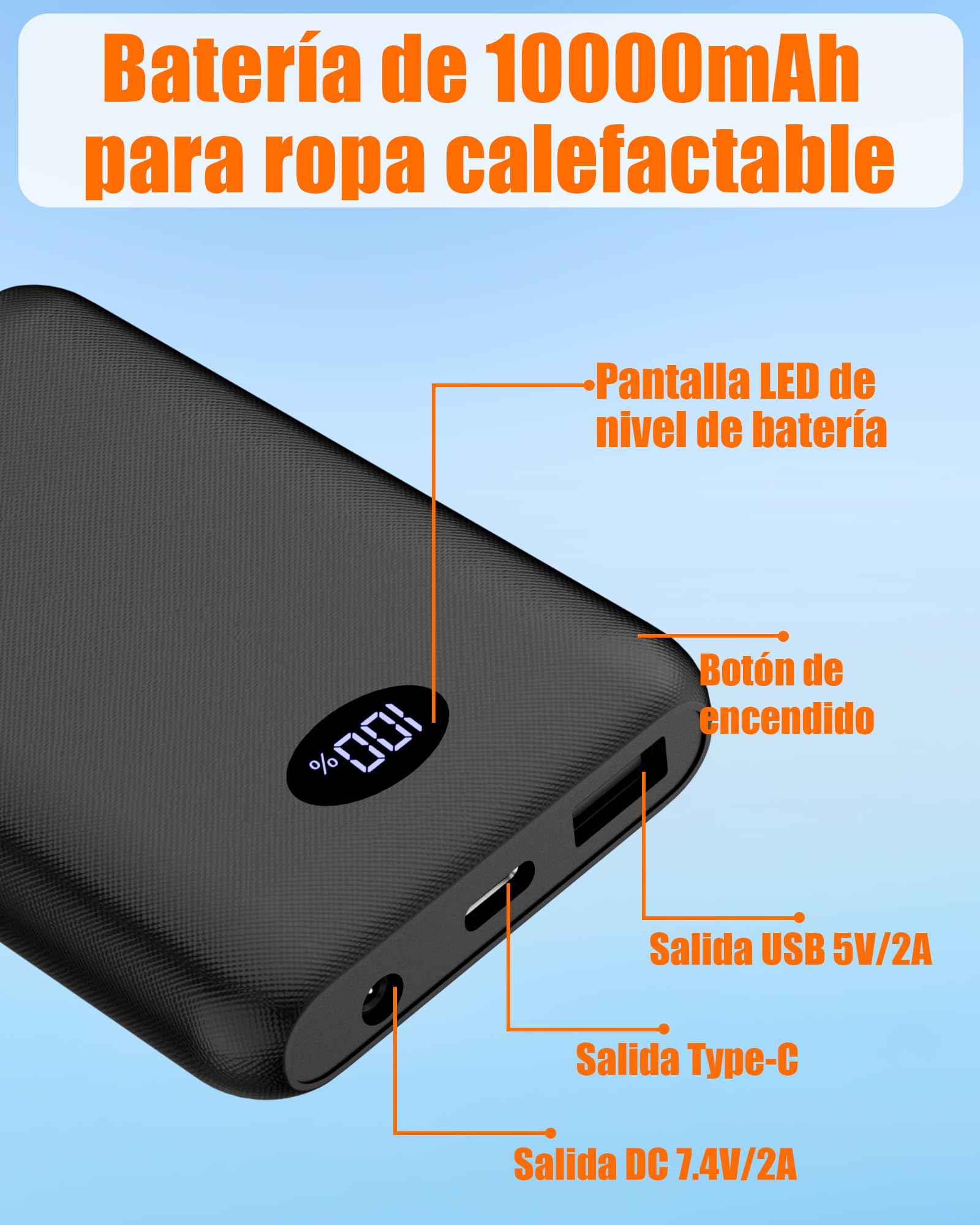 Batterie 7,4 V 2 A 10 000 mAh pour gilet chauffant, veste, manteau, pantalon et sous-vêtements thermiques - Power Bank de rechange pour vêtements chauffants