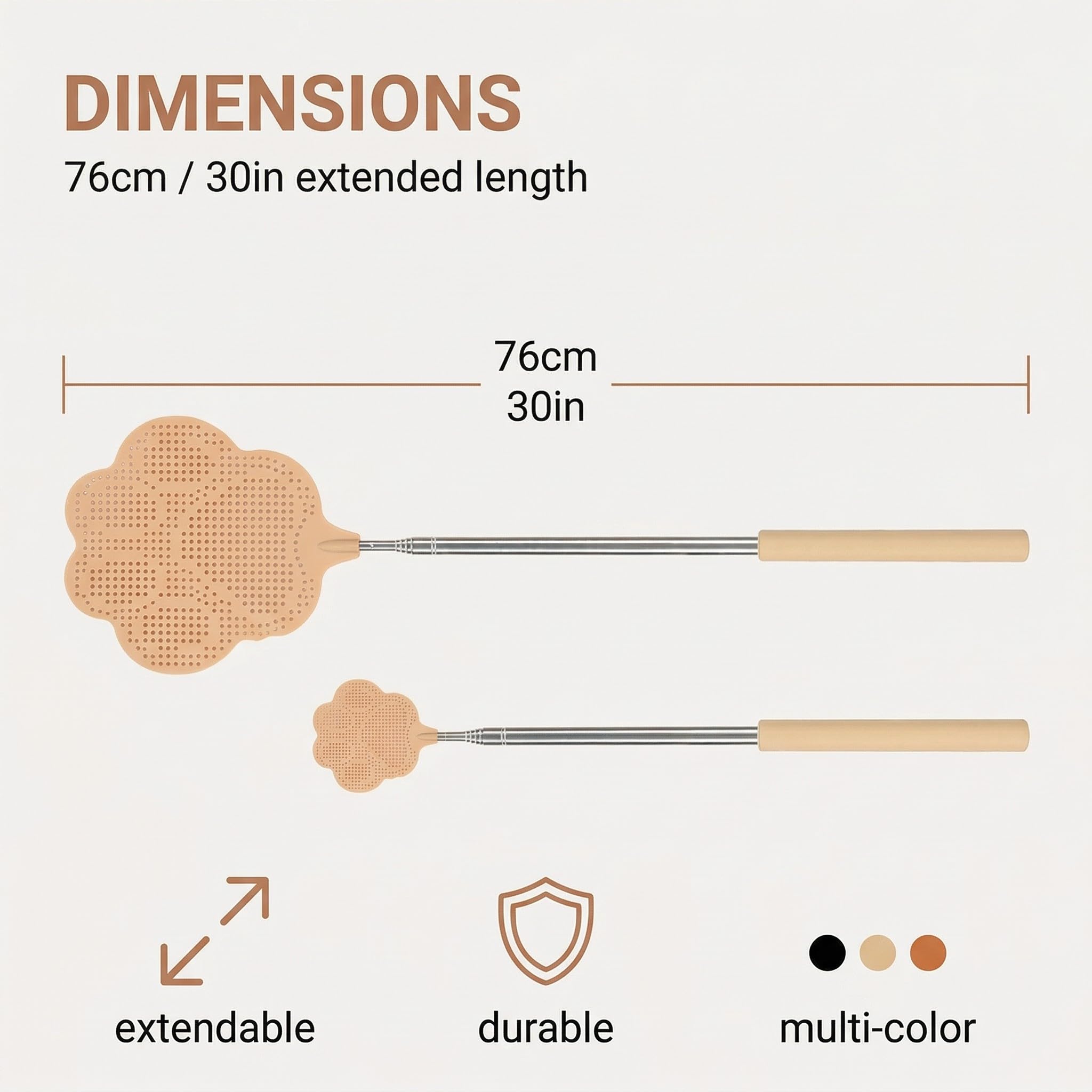 3 Pezzi Paletta Mosche Allungabile, Scacciamosche Telescopico in Acciaio Inox da 26 a 76 cm, Acchiappa Insetti Manuale a Forma di Zampa per Casa e Giardino, Nero Marrone Cachi