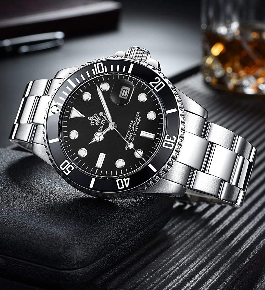 MASTOP Reloj de lujo para hombre, bisel giratorio, a prueba de golpes, zafiro, clásico, fecha, cuarzo, resistente al agua, reloj de vestir de dos tonos