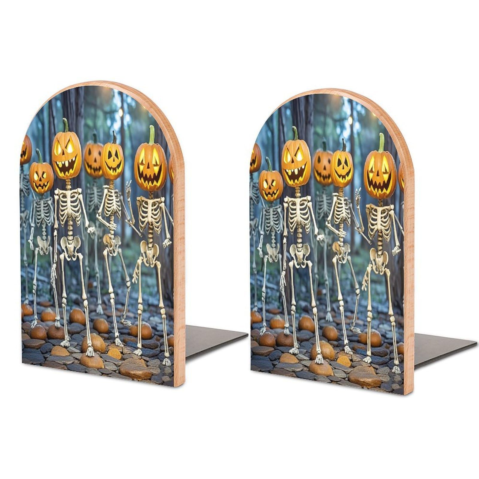 Pumpkin Skeleton Dancing Bookend for Shelves Unique Book End Sturdy Books Holder Heavy Duty Wooden Bookends Support Non-Slip Book Organizers Decorative Modern Bookend Holder for Home